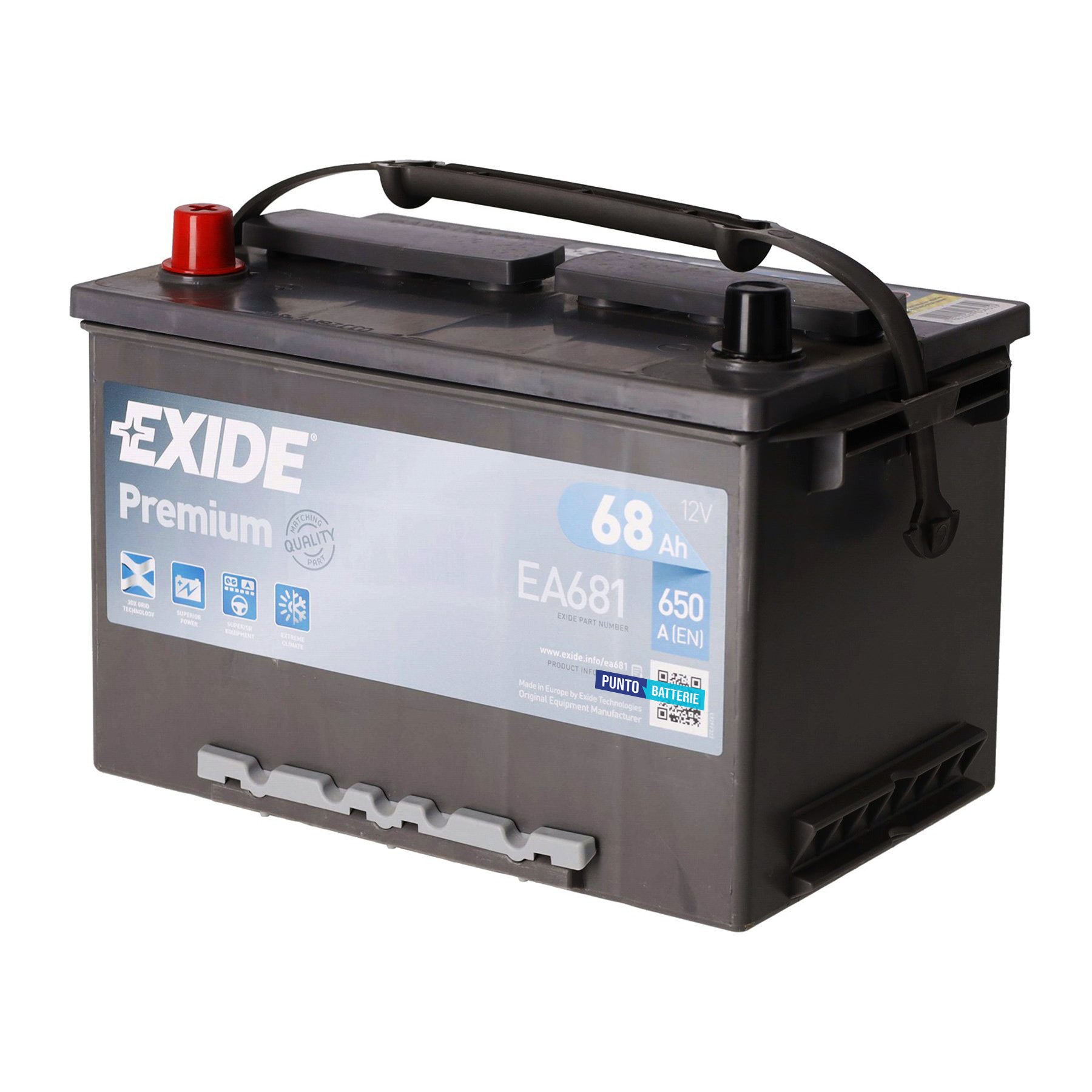Batteria originale Exide Premium EA681, dimensioni 277 x 175 x 190, polo positivo a sinistra, 12 volt, 68 amperora, 650 ampere. Batteria per auto e veicoli leggeri.