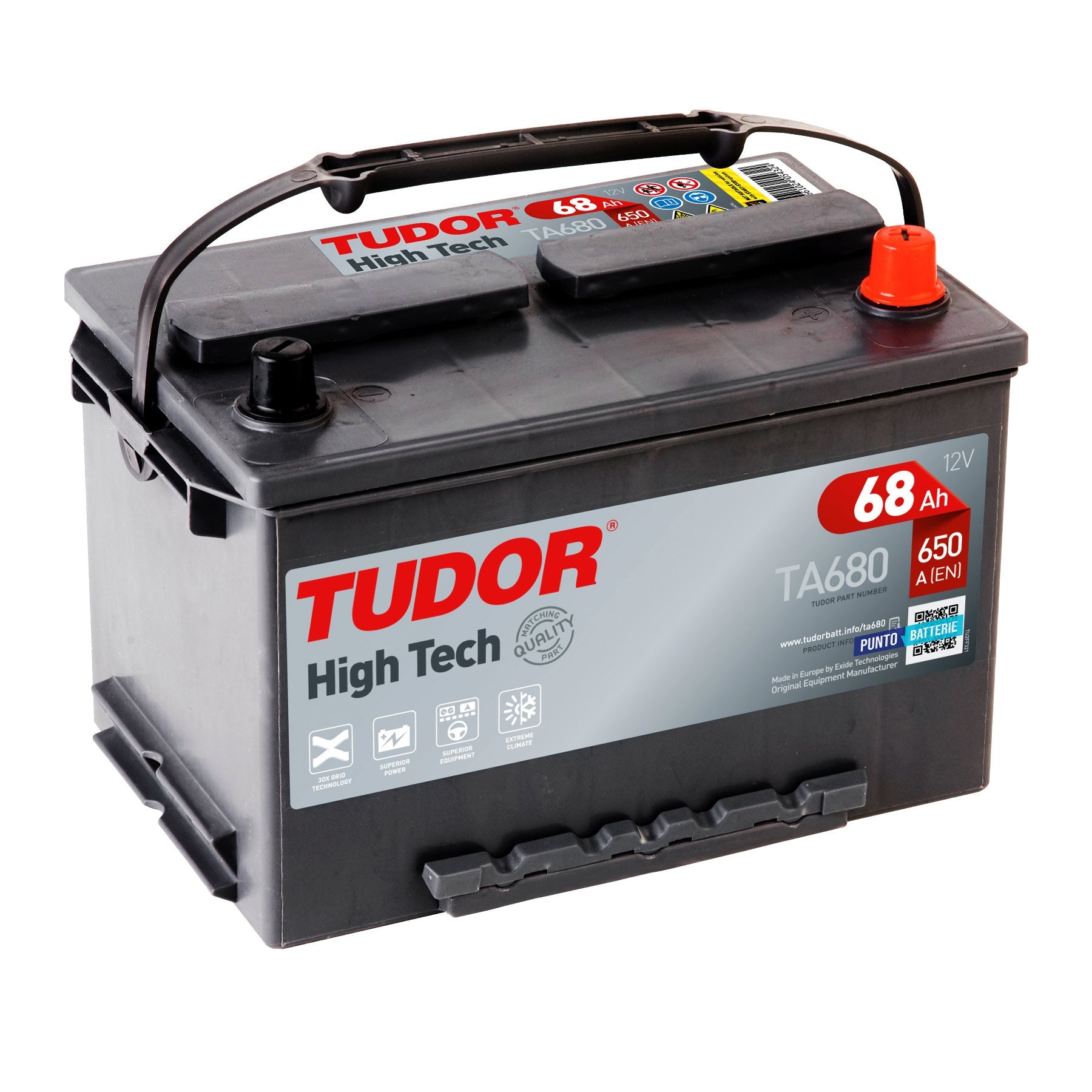 Batteria originale Tudor High Tech TA680, dimensioni 277 x 175 x 190, polo positivo a destra, 12 volt, 68 amperora, 650 ampere. Batteria per auto e veicoli leggeri.