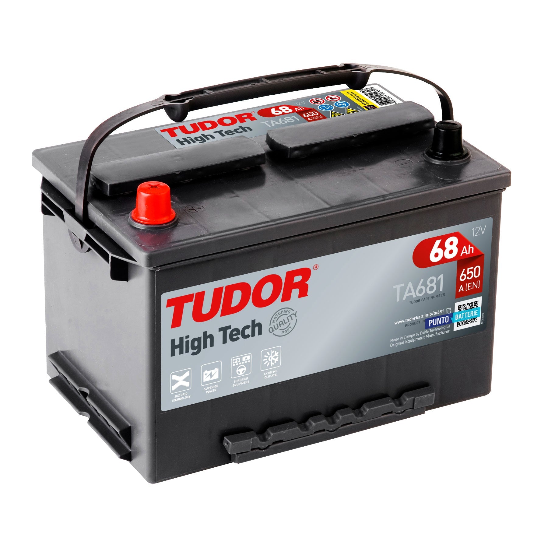 Batteria originale Tudor High Tech TA681, dimensioni 277 x 175 x 190, polo positivo a sinistra, 12 volt, 68 amperora, 650 ampere. Batteria per auto e veicoli leggeri.