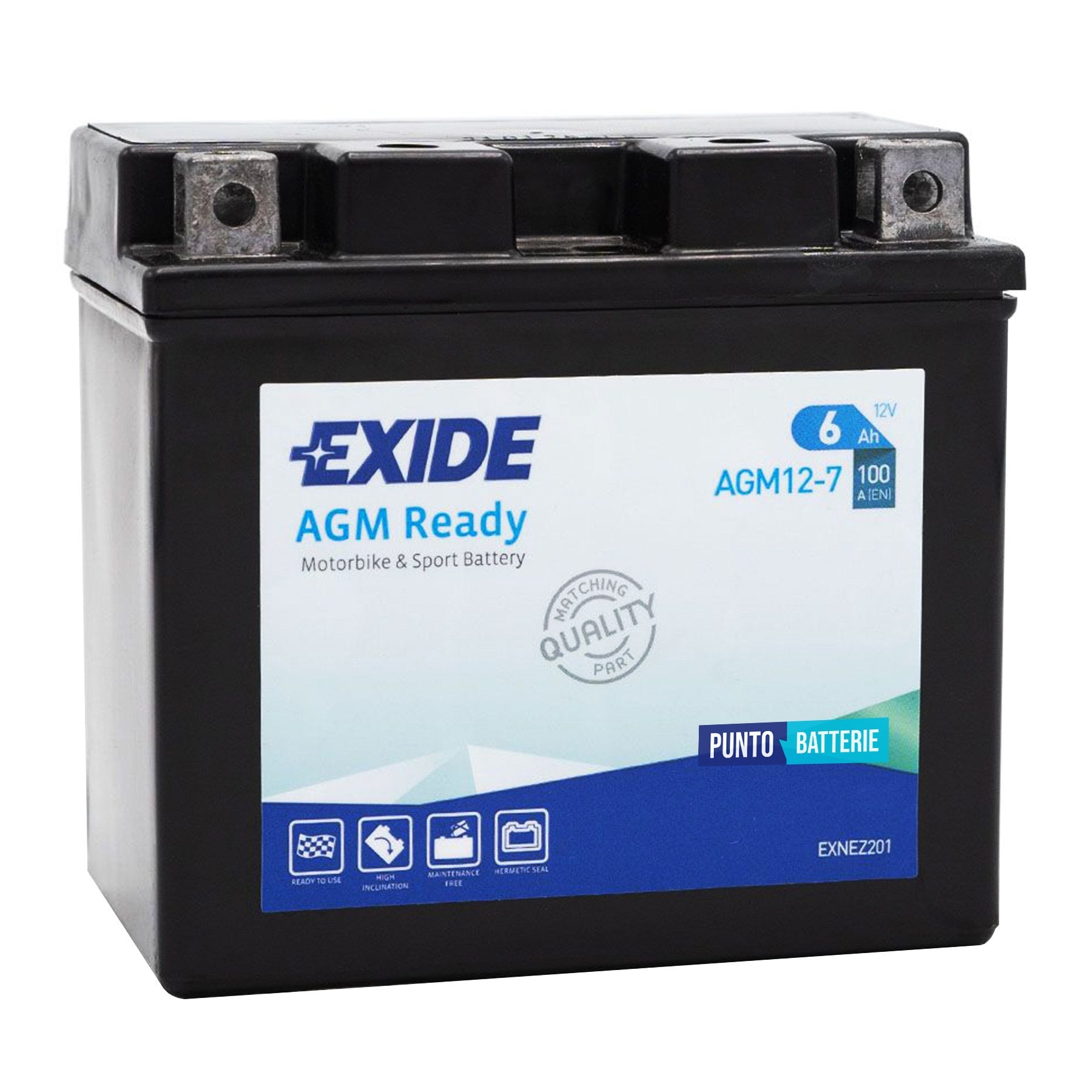 Batteria originale Exide AGM Ready AGM12-7, dimensioni 115 x 70 x 105, polo positivo a destra, 12 volt, 6 amperora, 100 ampere. Batteria per moto, scooter e powersport.