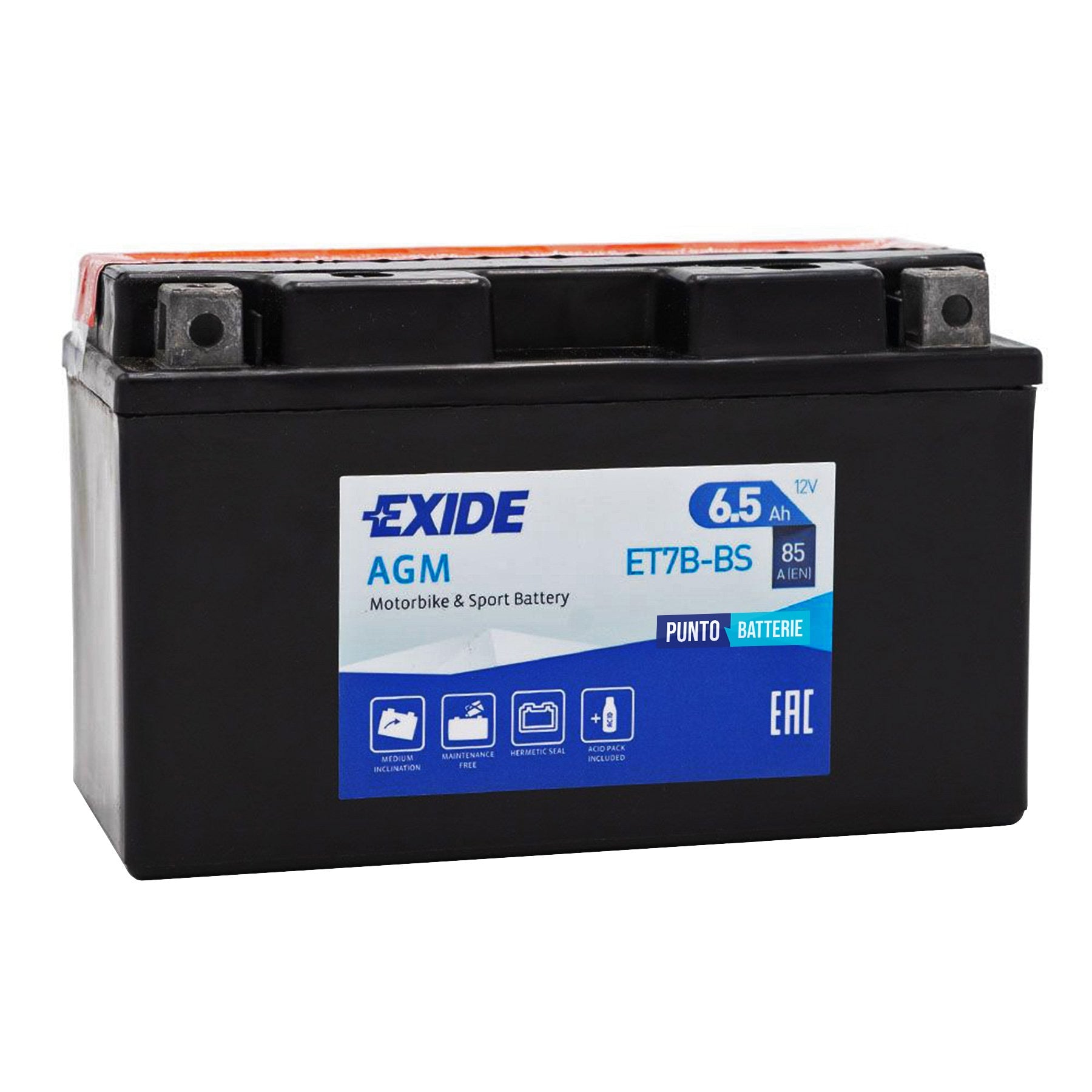 Batteria originale Exide AGM ET7B-BS, dimensioni 150 x 65 x 95, polo positivo a sinistra, 12 volt, 6 amperora, 85 ampere. Batteria per moto, scooter e powersport.