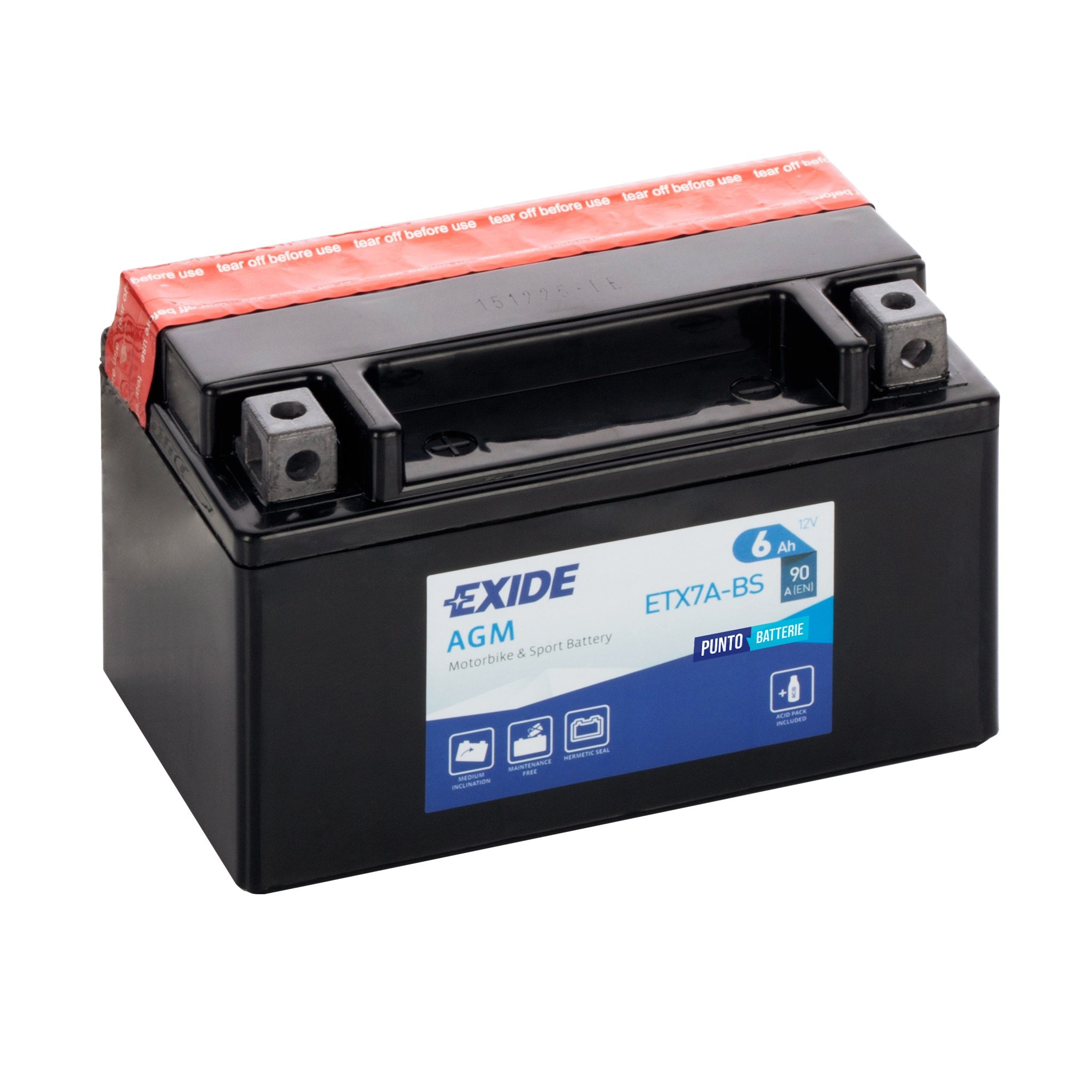 Batteria originale Exide AGM ETX7A-BS, dimensioni 150 x 90 x 95, polo positivo a sinistra, 12 volt, 6 amperora, 90 ampere. Batteria per moto, scooter e powersport.