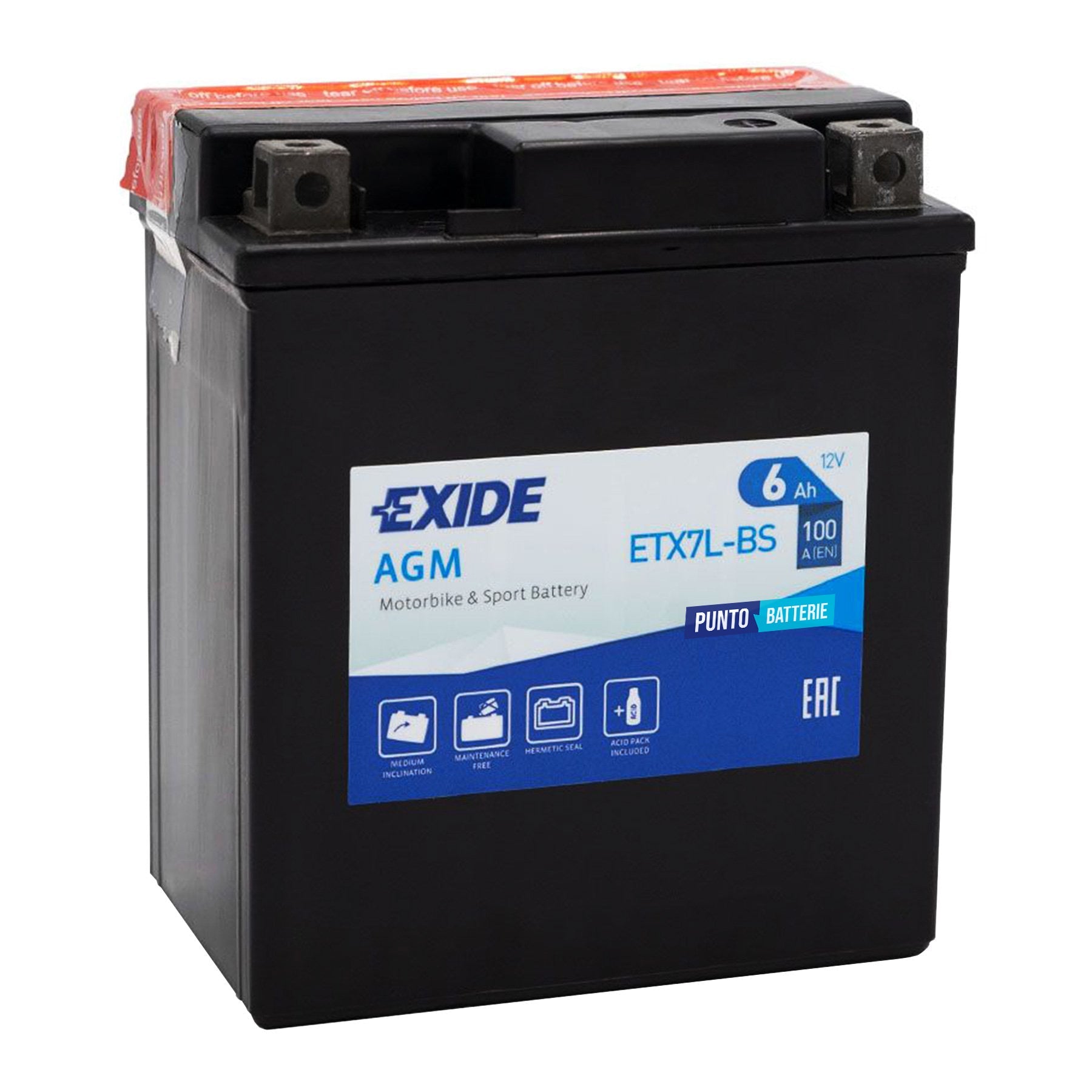 Batteria originale Exide AGM ETX7L-BS, dimensioni 115 x 70 x 130, polo positivo a destra, 12 volt, 6 amperora, 100 ampere. Batteria per moto, scooter e powersport.