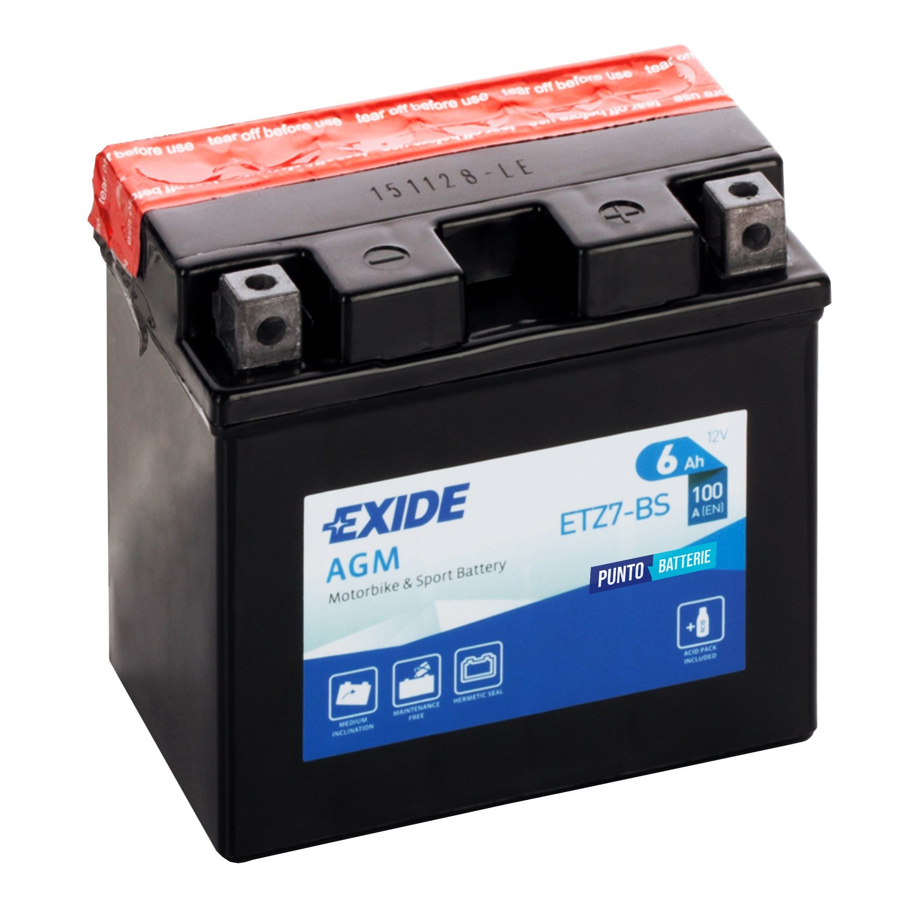 Batteria originale Exide AGM ETZ7-BS, dimensioni 115 x 70 x 105, polo positivo a destra, 12 volt, 6 amperora, 100 ampere. Batteria per moto, scooter e powersport.