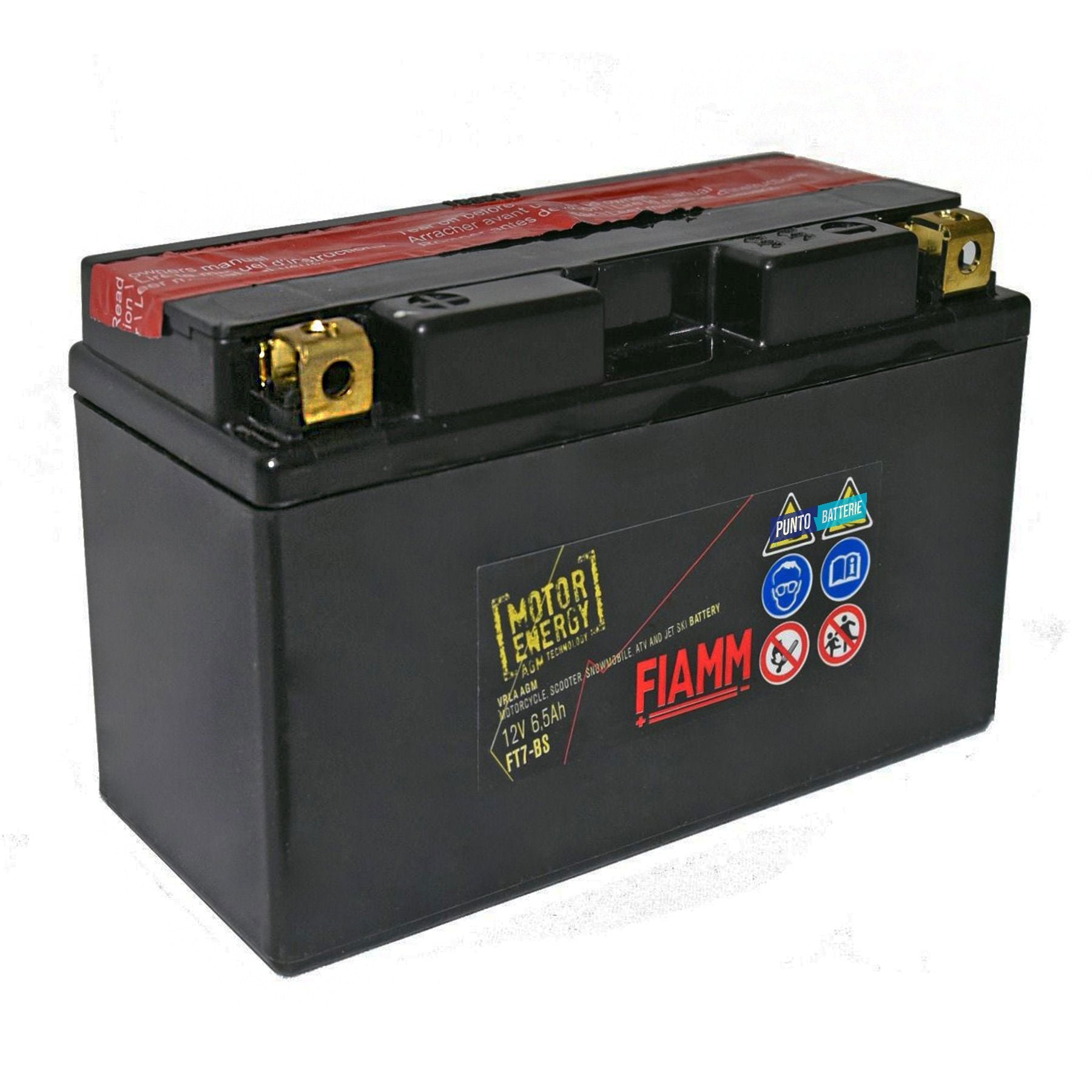 Batteria originale Fiamm Motor Energy AGM FT7-BS, dimensioni 150 x 65 x 93, polo positivo a sinistra, 12 volt, 6 amperora, 110 ampere. Batteria per moto, scooter e powersport.