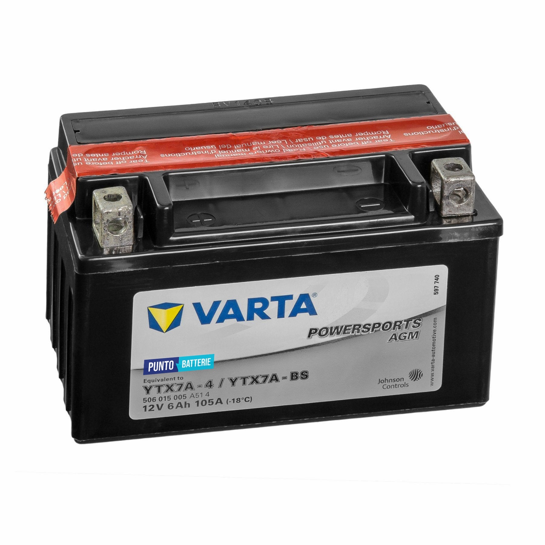 Batteria originale Varta Powersport AGM YTX7A-4, dimensioni 152 x 88 x 131, polo positivo a sinistra, 12 volt, 6 amperora, 105 ampere. Batteria per moto, scooter e powersport.