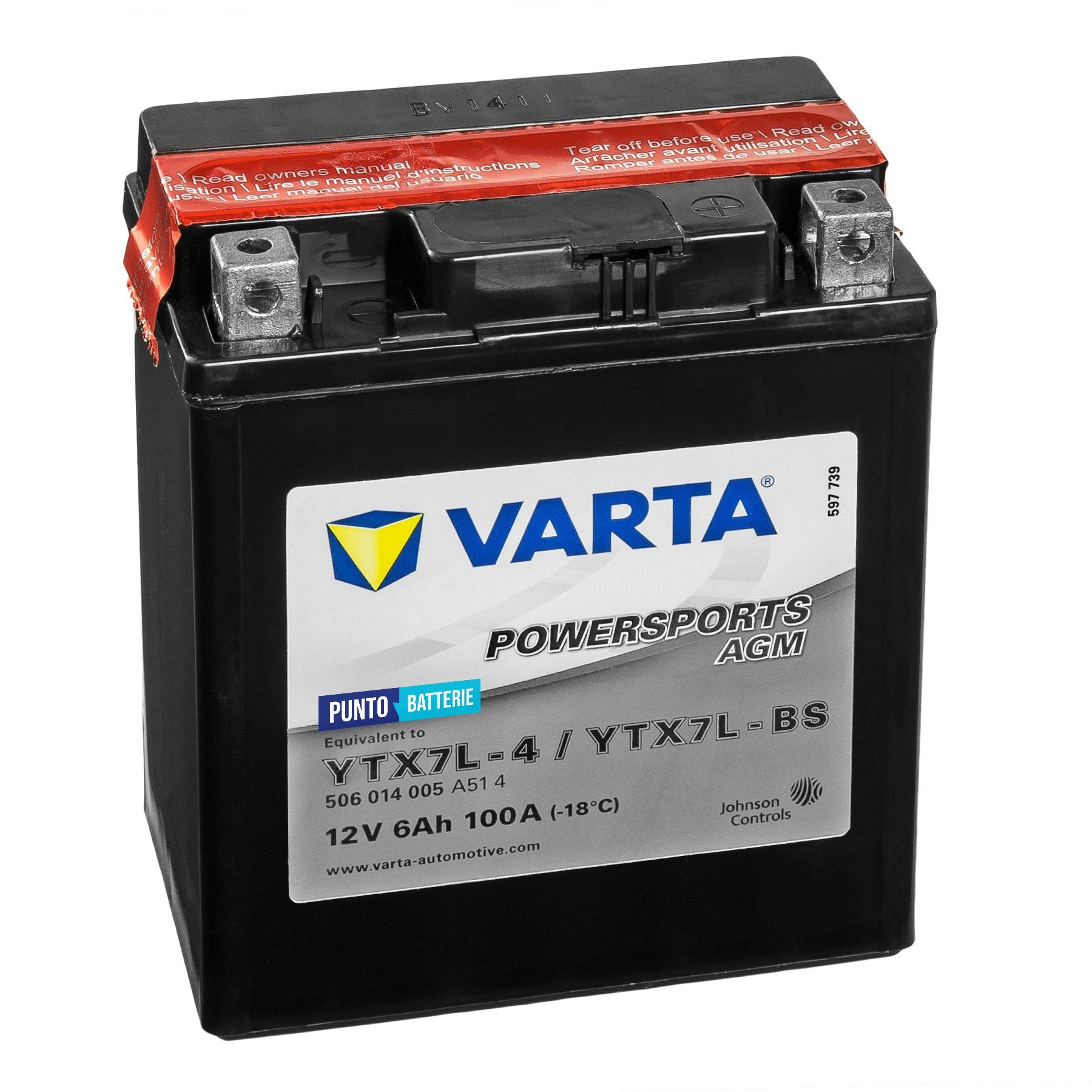 Batteria originale Varta Powersport AGM YTX7L-4, dimensioni 166 x 127 x 175, polo positivo a destra, 12 volt, 6 amperora, 100 ampere. Batteria per moto, scooter e powersport.