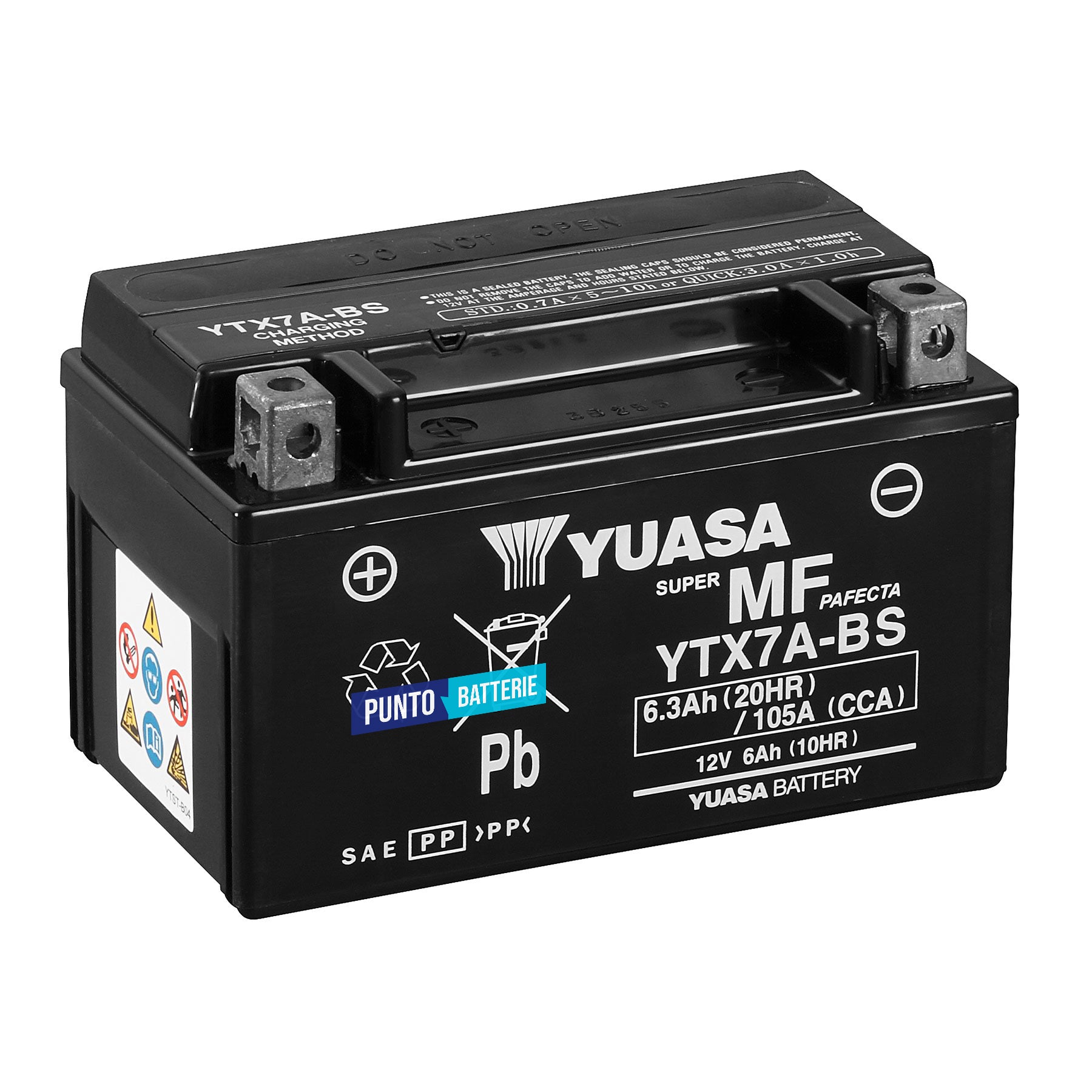 Batteria originale Yuasa YTX YTX7A-BS, dimensioni 150 x 87 x 93, polo positivo a sinistra, 12 volt, 6 amperora, 105 ampere. Batteria per moto, scooter e powersport.