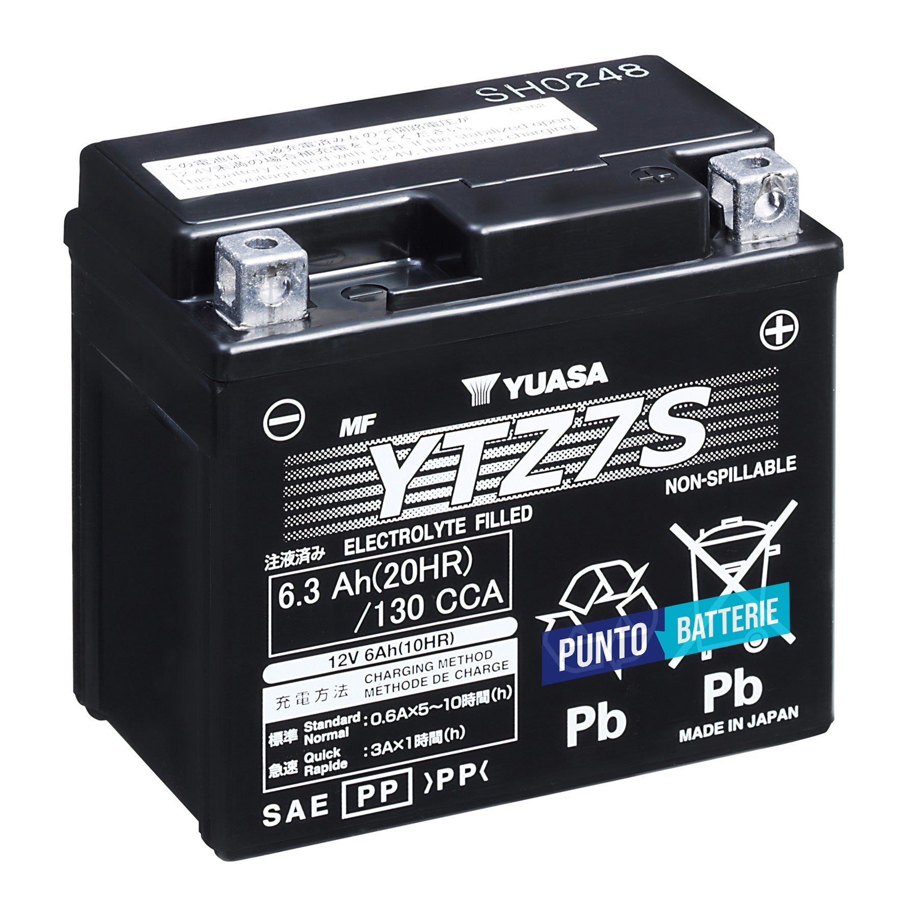 Batteria originale Yuasa YTZ YTZ7S, dimensioni 113 x 70 x 105, polo positivo a destra, 12 volt, 6 amperora, 130 ampere. Batteria per moto, scooter e powersport.