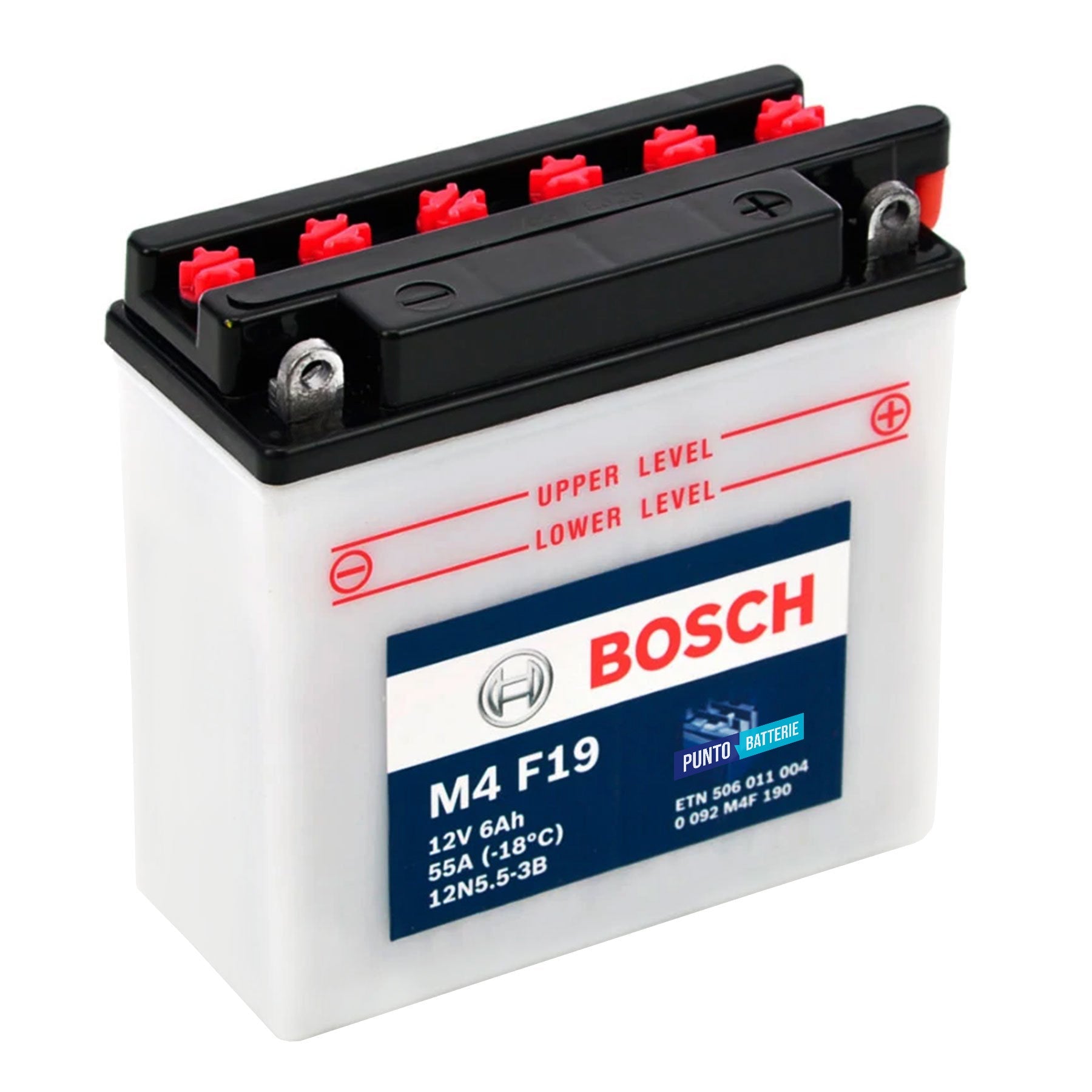 Batteria originale Bosch M4 M4F19, dimensioni 99 x 57 x 111, polo positivo a destra, 12 volt, 6 amperora, 55 ampere. Batteria per moto, scooter e powersport.