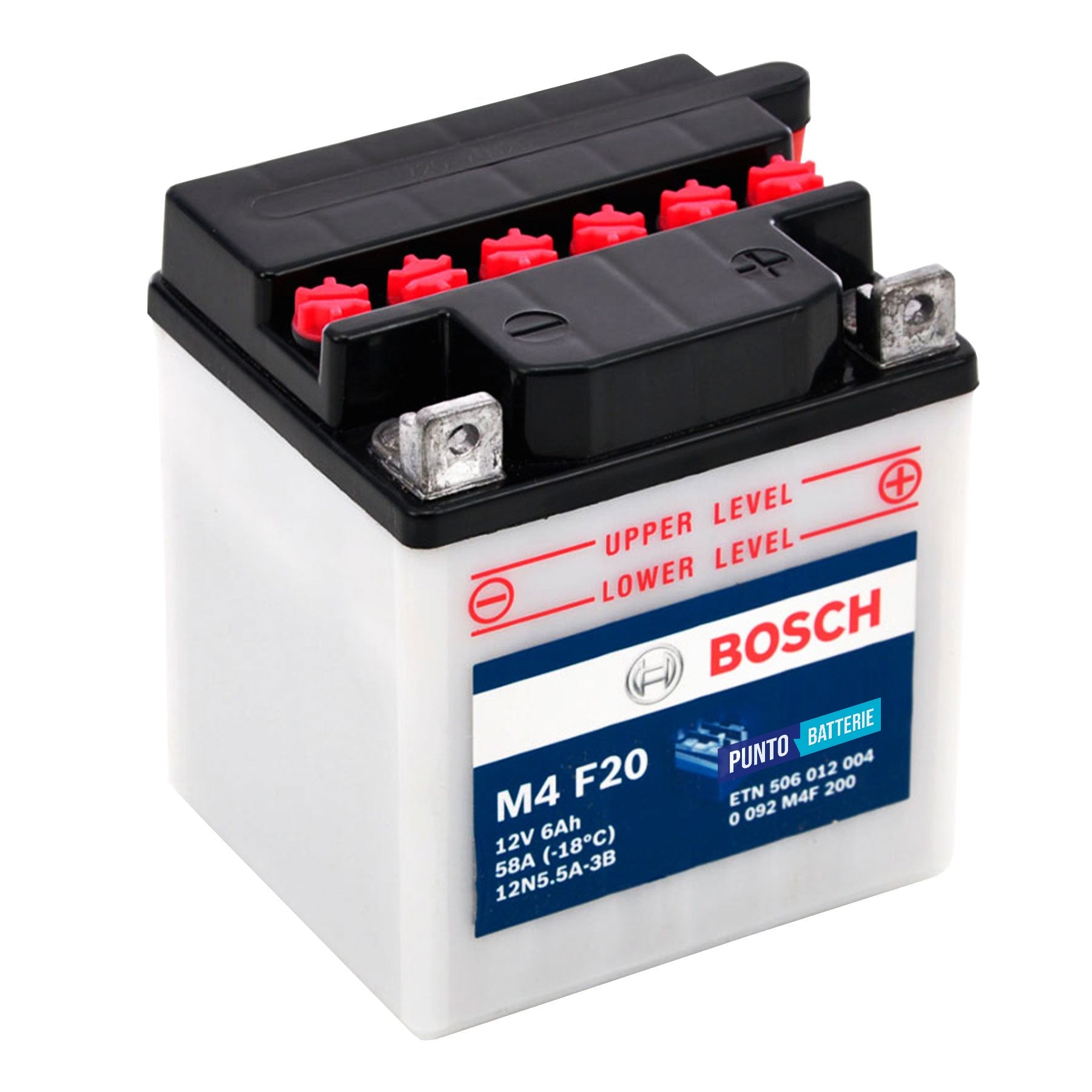 Batteria originale Bosch M4 M4F20, dimensioni 103 x 90 x 114, polo positivo a destra, 12 volt, 6 amperora, 58 ampere. Batteria per moto, scooter e powersport.