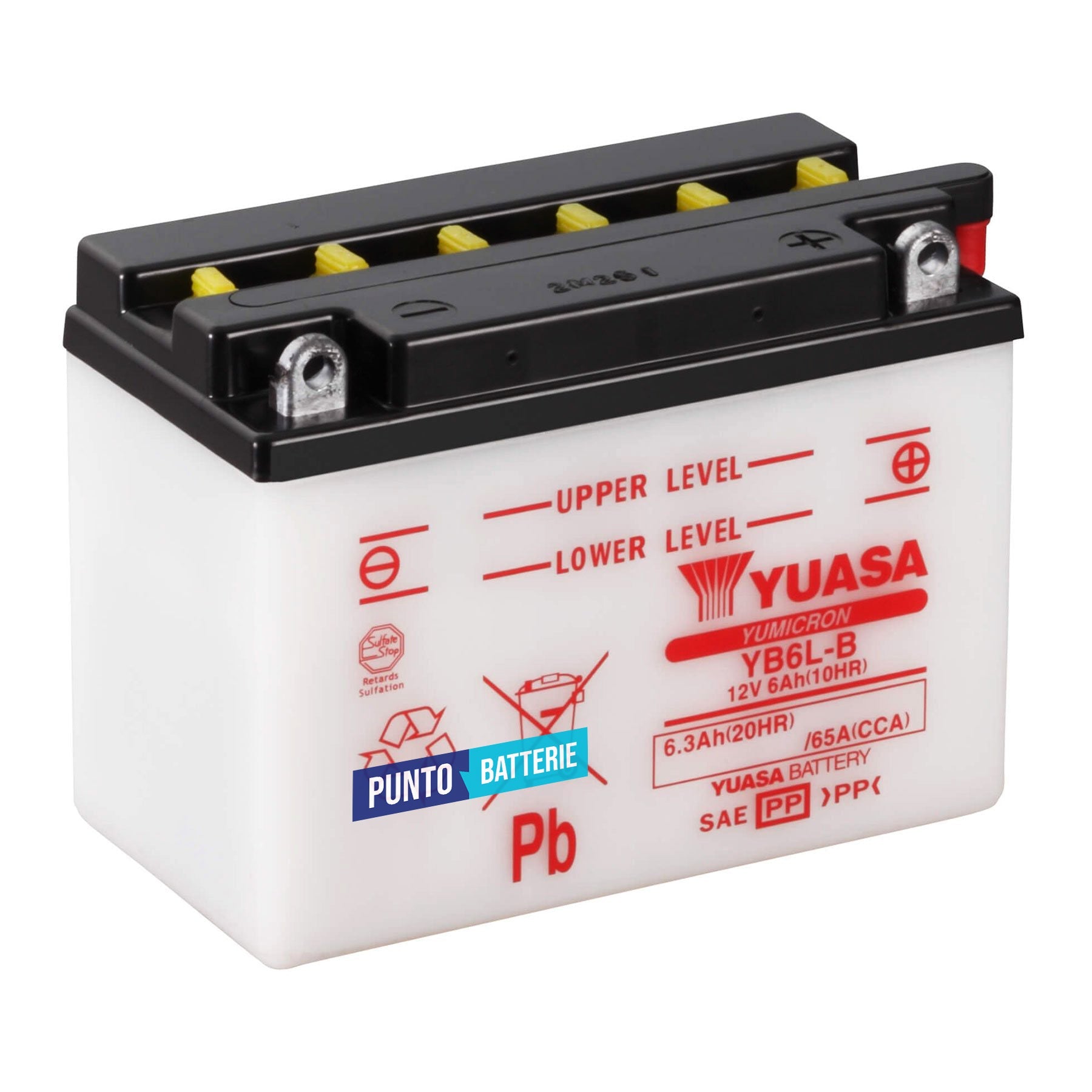 Batteria originale Yuasa YuMicron YB6L-B, dimensioni 138 x 72.5 x 100, polo positivo a destra, 12 volt, 6 amperora, 65 ampere. Batteria per moto, scooter e powersport.