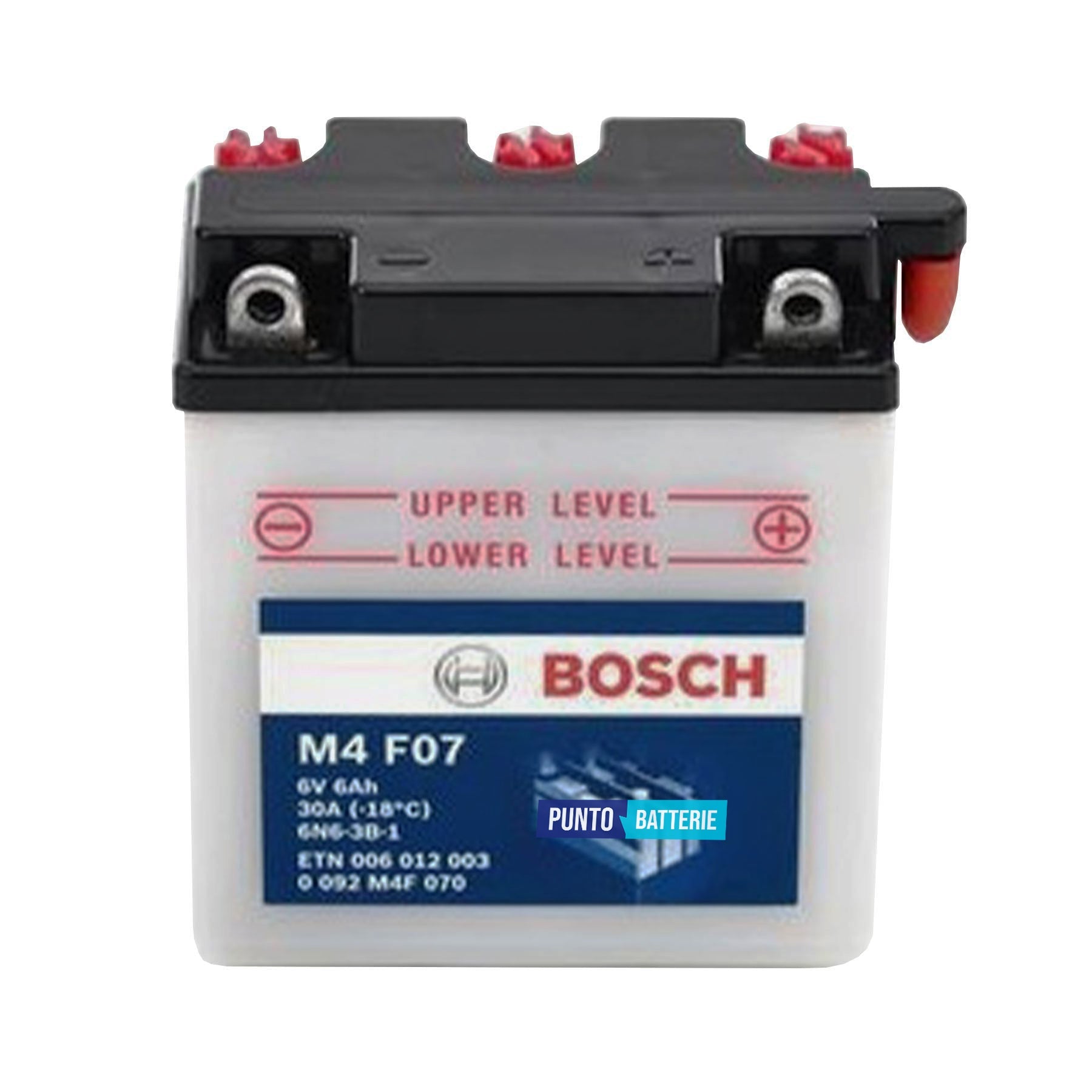 Batteria originale Bosch M4 M4F07, dimensioni 99 x 57 x 111, polo positivo a destra, 6 volt, 6 amperora, 30 ampere. Batteria per moto, scooter e powersport.