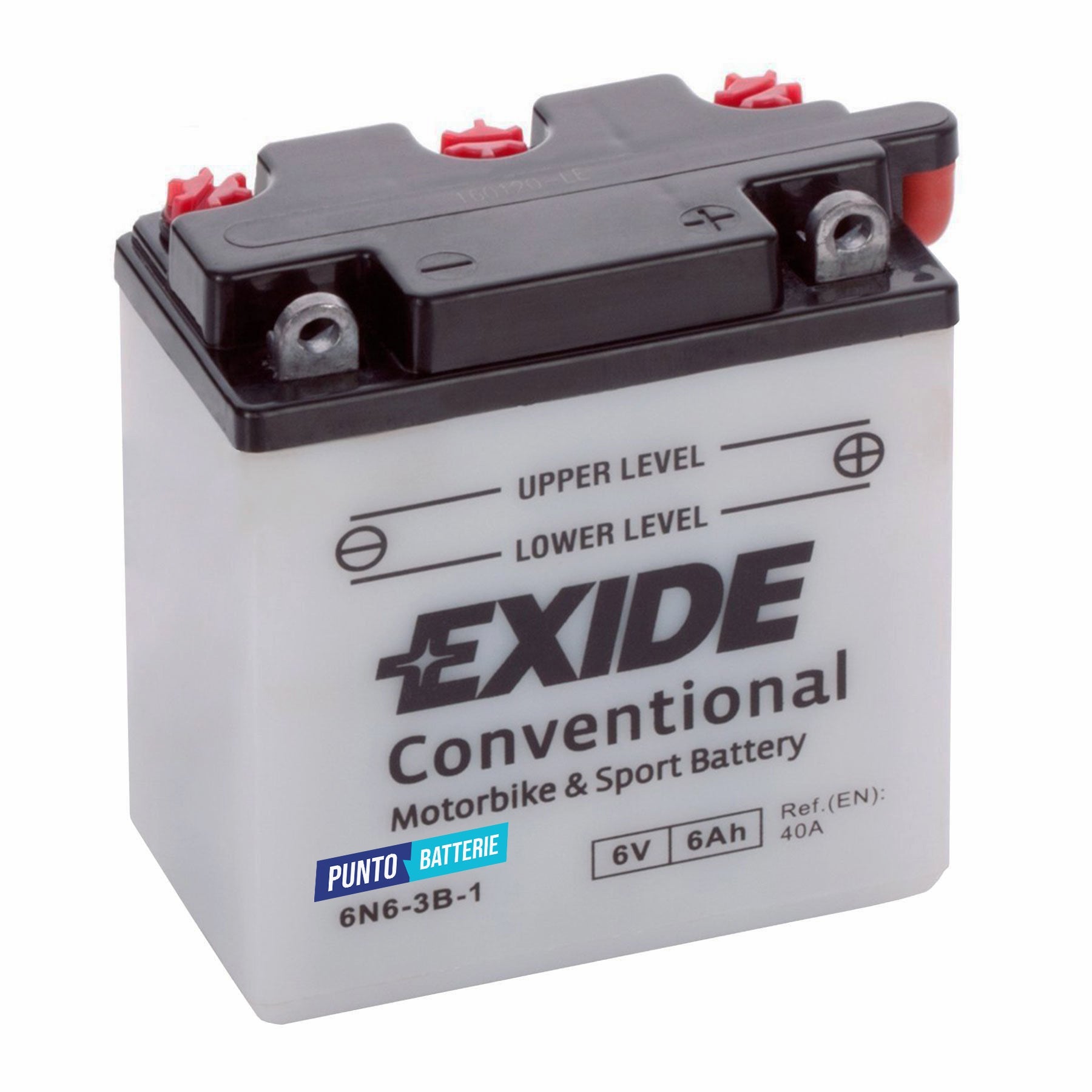 Batteria originale Exide Conventional 6N6-3B-1, dimensioni 98 x 56 x 110, polo positivo a destra, 6 volt, 6 amperora, 40 ampere. Batteria per moto, scooter e powersport.
