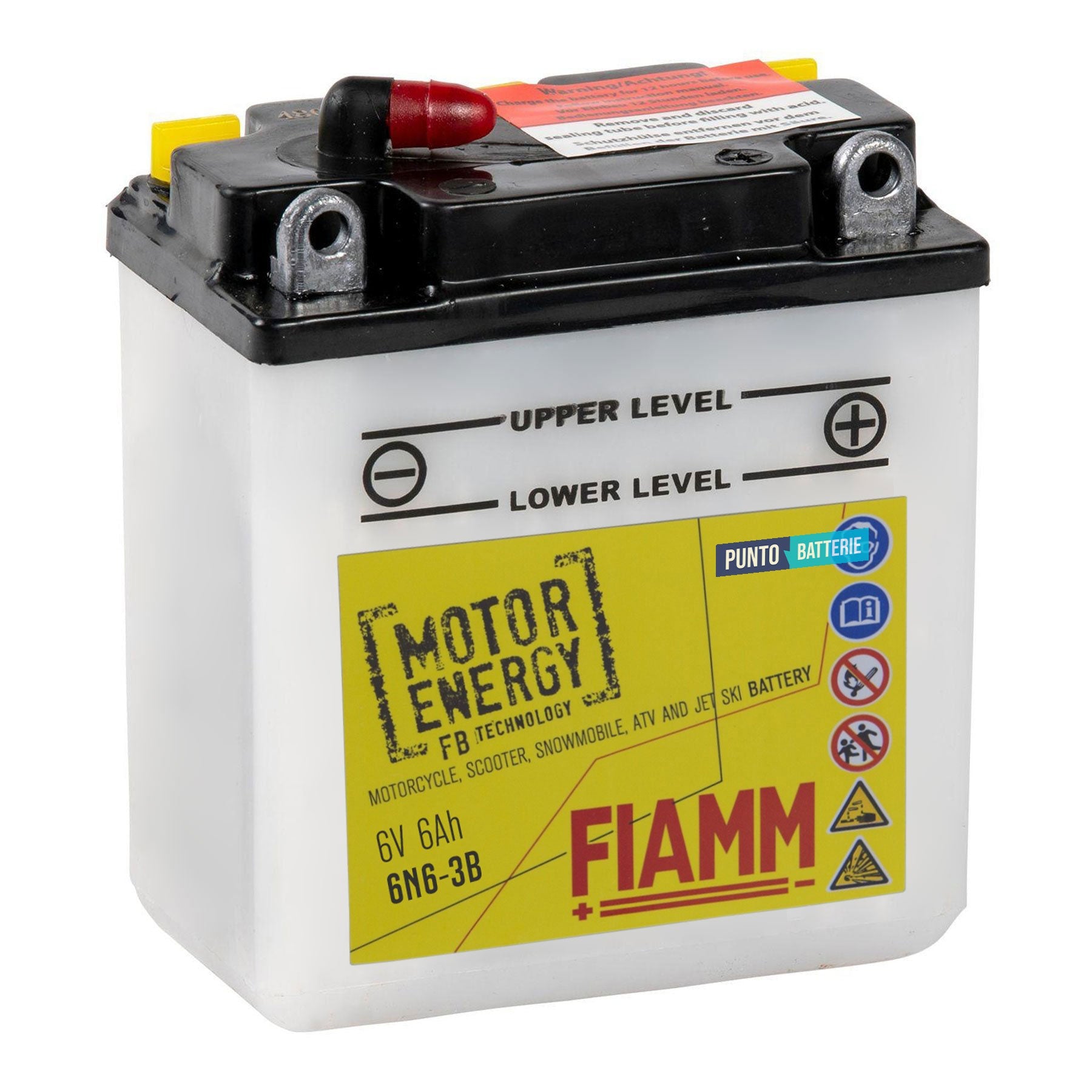Batteria originale Fiamm Motor Energy FB 6N6-3B, dimensioni 98 x 56 x 110, polo positivo a destra, 6 volt, 6 amperora, 30 ampere. Batteria per moto, scooter e powersport.