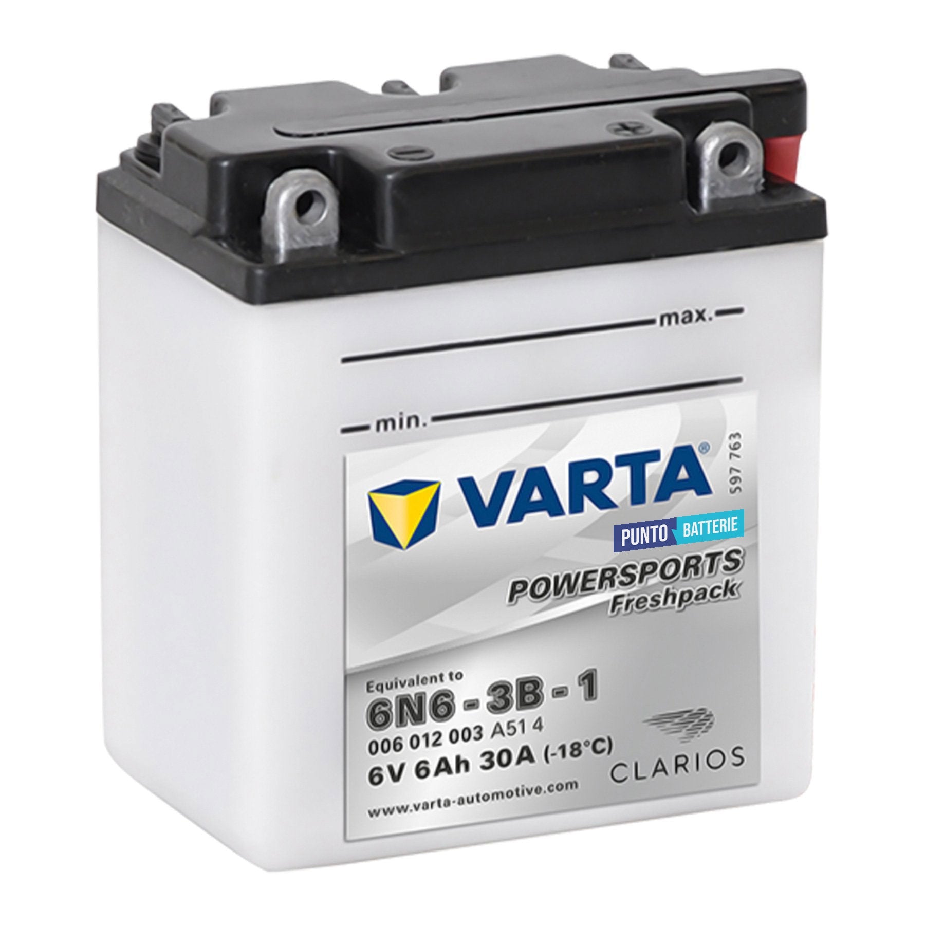 Batteria originale Varta Powersport Freshpack 6N6-3B-1, dimensioni 136 x 91 x 146, polo positivo a destra, 6 volt, 6 amperora, 30 ampere. Batteria per moto, scooter e powersport.