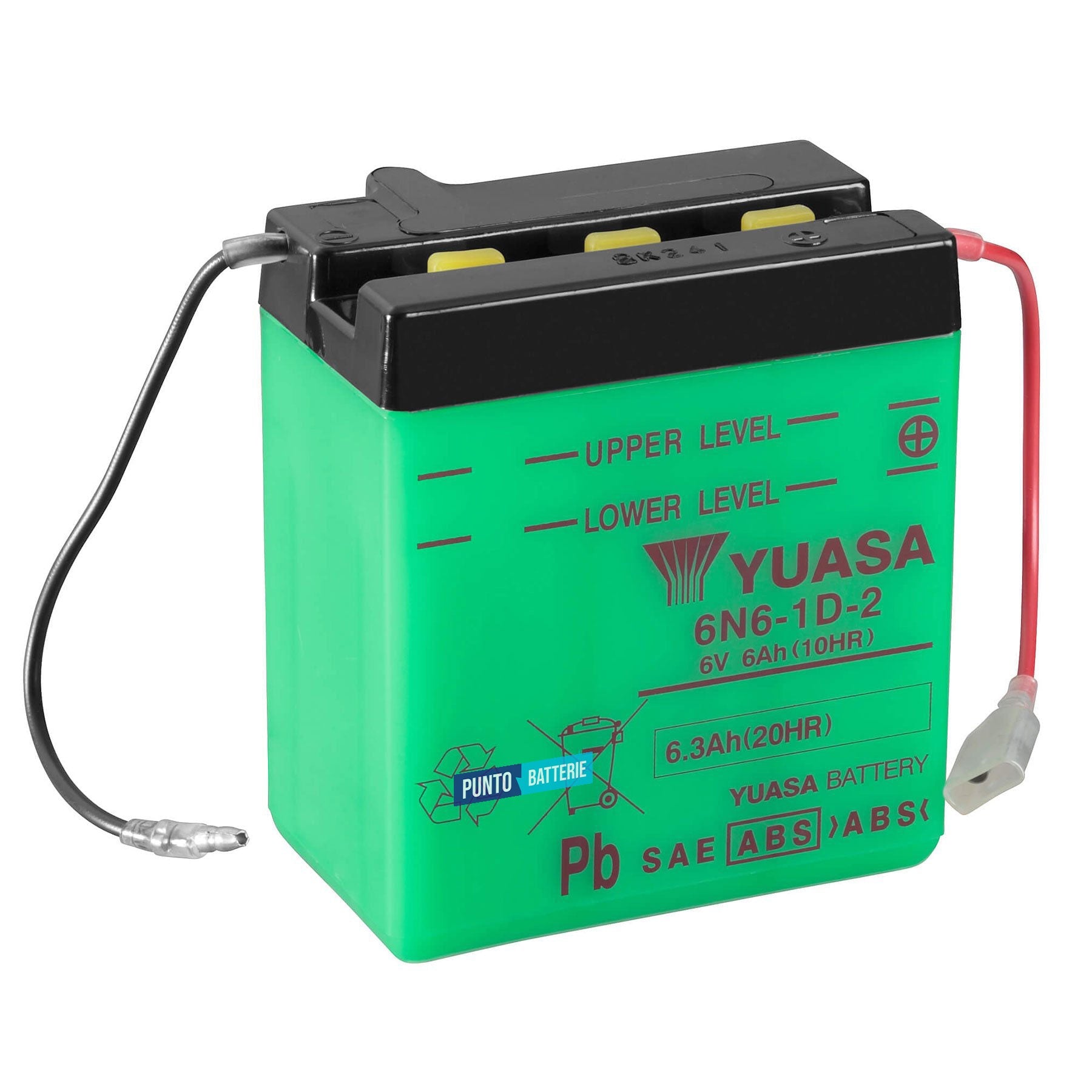 Batteria originale Yuasa Conventional 6N6-1D-2, dimensioni 99 x 57 x 111, polo positivo a destra, 6 volt, 6 amperora. Batteria per moto, scooter e powersport.