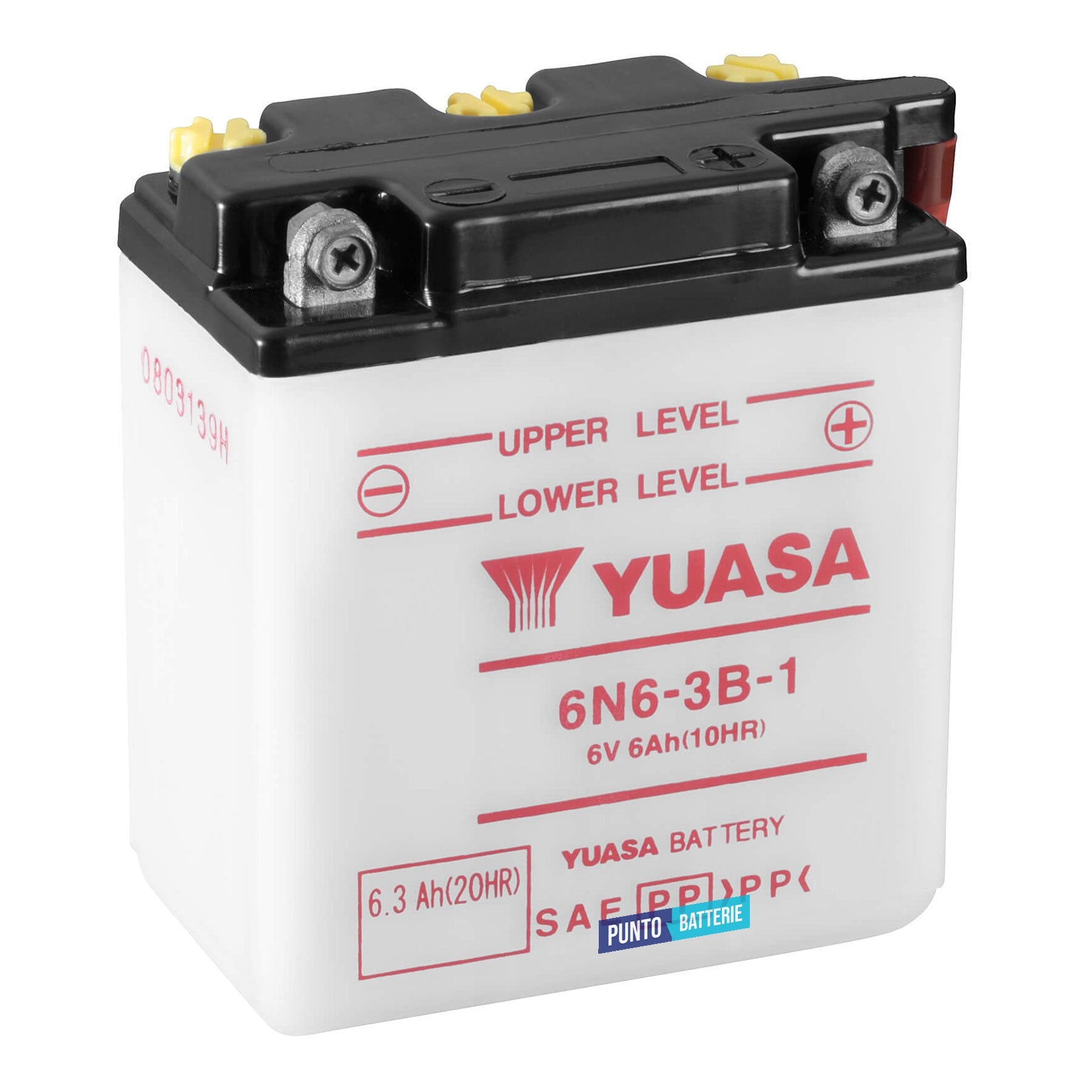 Batteria originale Yuasa Conventional 6N6-3B-1, dimensioni 99 x 57 x 111, polo positivo a destra, 6 volt, 6 amperora. Batteria per moto, scooter e powersport.