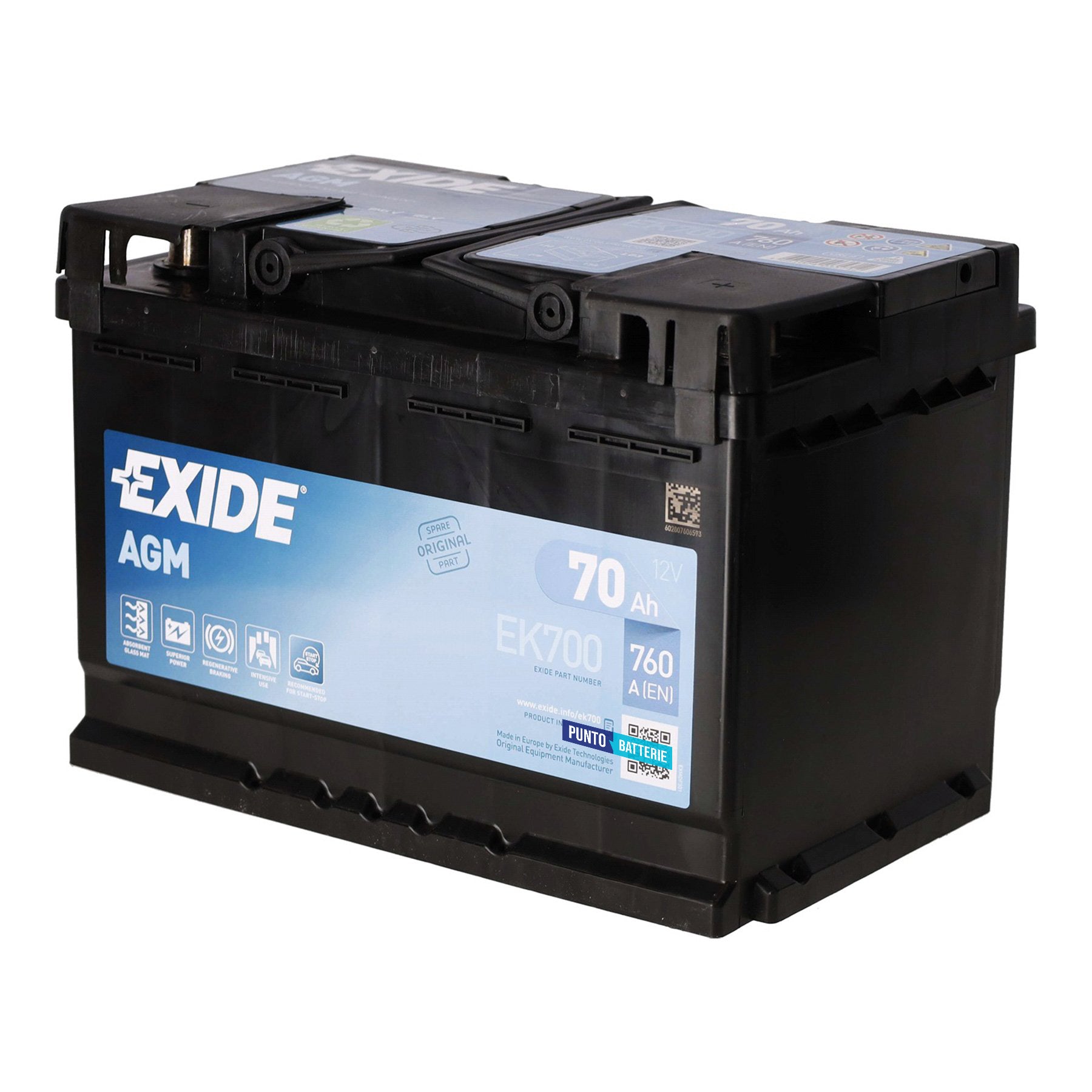 Batteria originale Exide AGM EK700, dimensioni 278 x 175 x 190, polo positivo a destra, 12 volt, 70 amperora, 760 ampere, AGM. Batteria per auto e veicoli leggeri con start e stop.