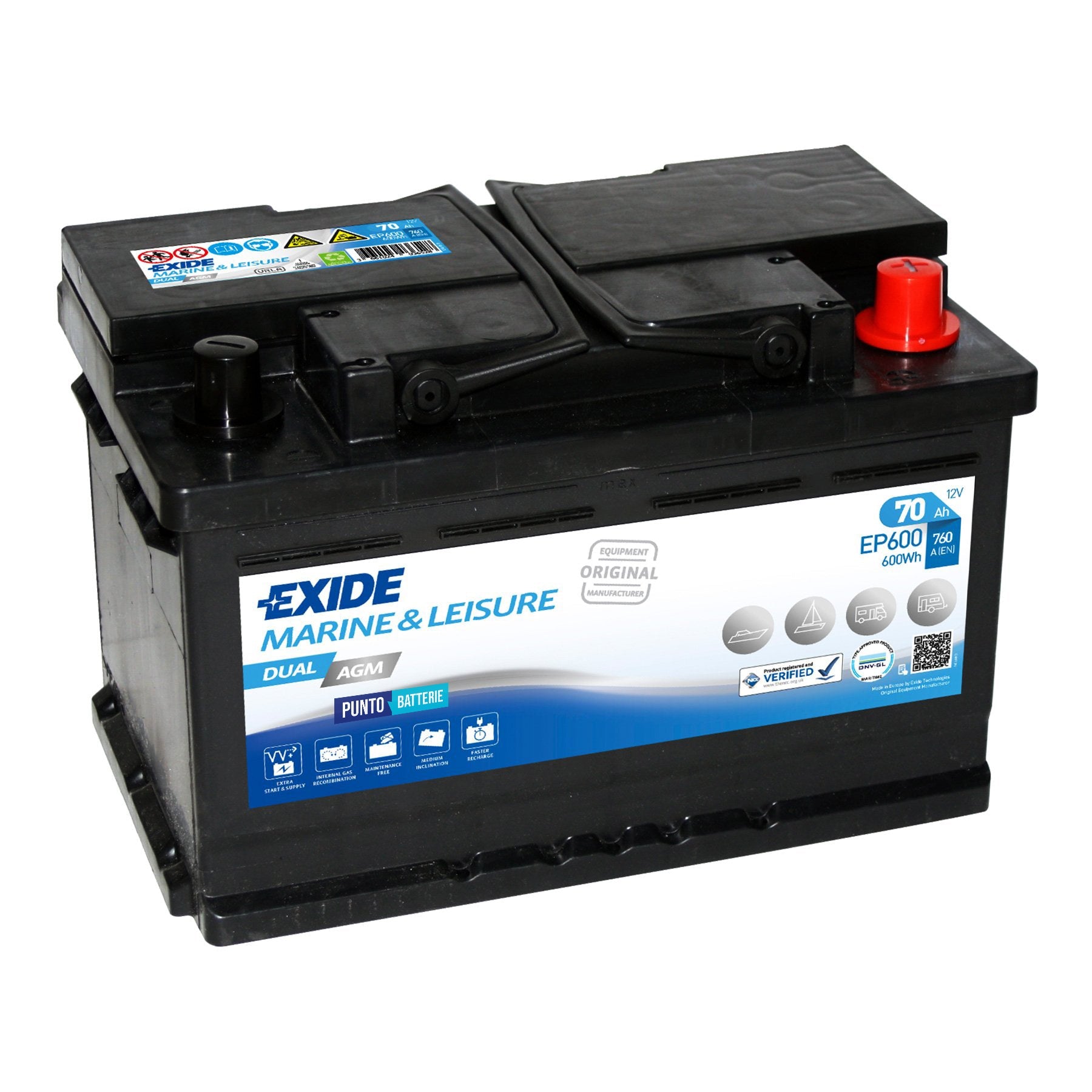 Batteria originale Exide Dual AGM EP600, dimensioni 278 x 175 x 190, 12 volt, 70 amperora, AGM. Batteria per servizi di camper, barca e applicazioni a scarica lenta.