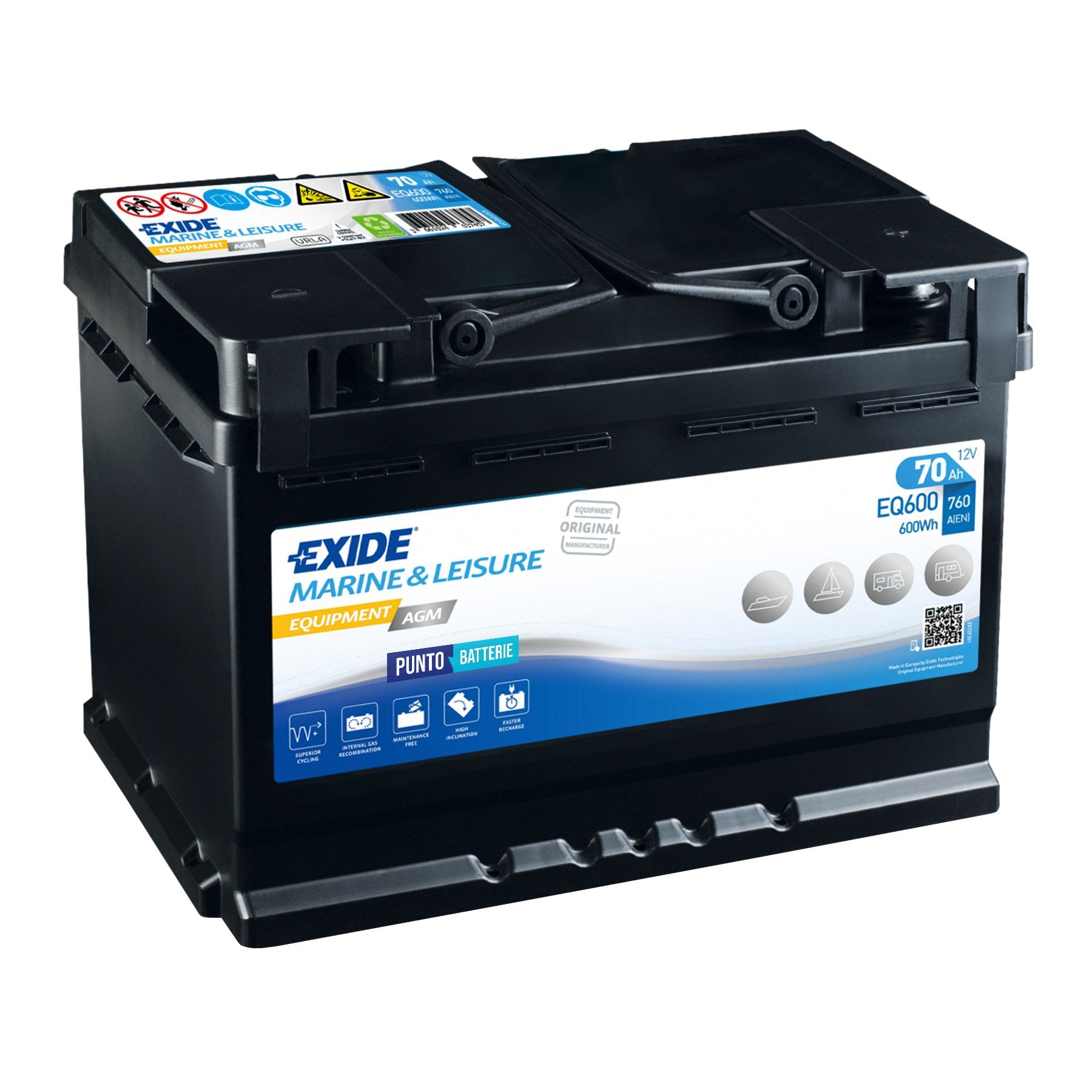 Batteria originale Exide Equipment AGM EQ600, dimensioni 278 x 175 x 190, 12 volt, 70 amperora, AGM. Batteria per servizi di camper, barca e applicazioni a scarica lenta.
