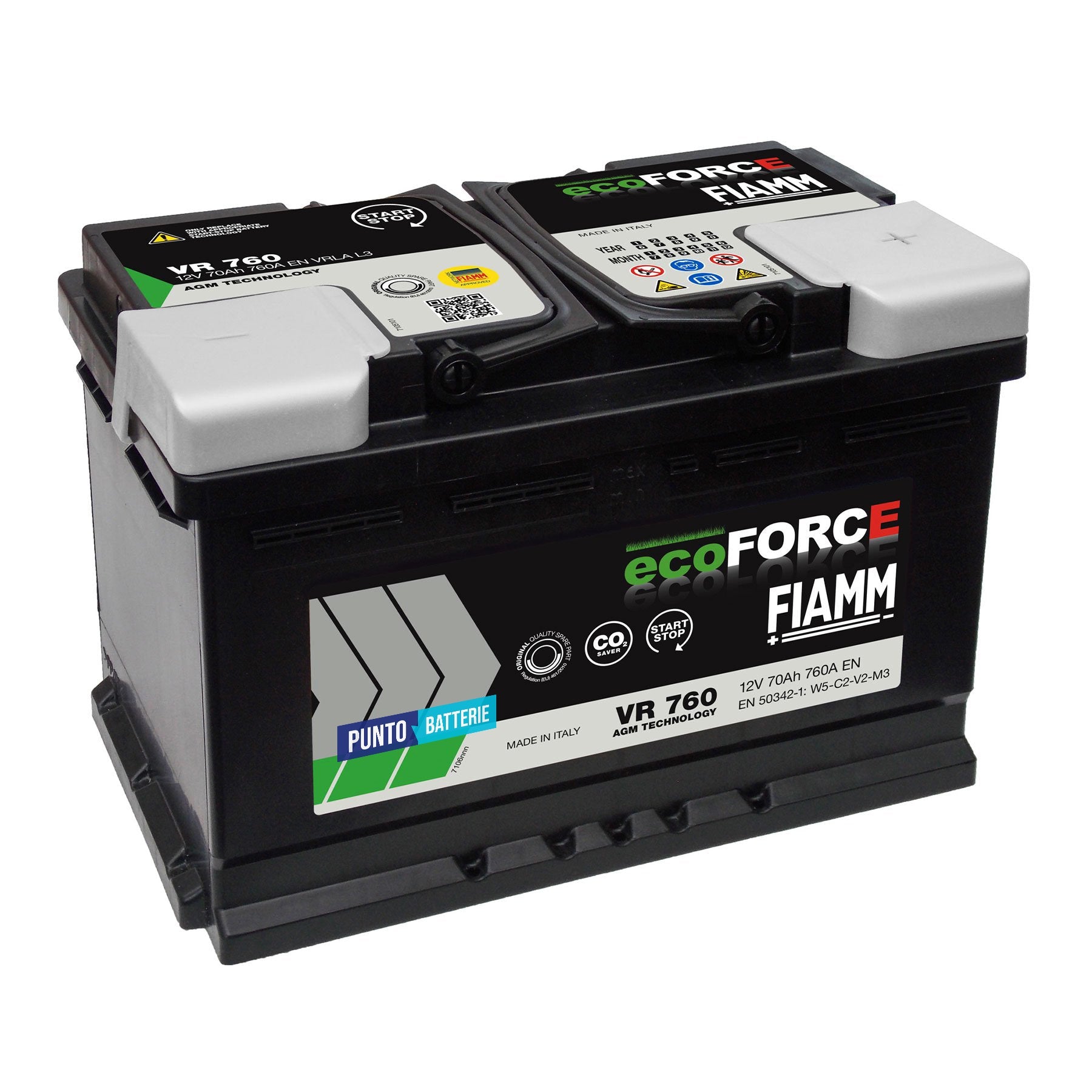 Batteria originale Fiamm EcoFORCE AGM VR 760, dimensioni 278 x 176 x 190, polo positivo a destra, 12 volt, 70 amperora, 760 ampere, AGM. Batteria per auto e veicoli leggeri con start e stop.