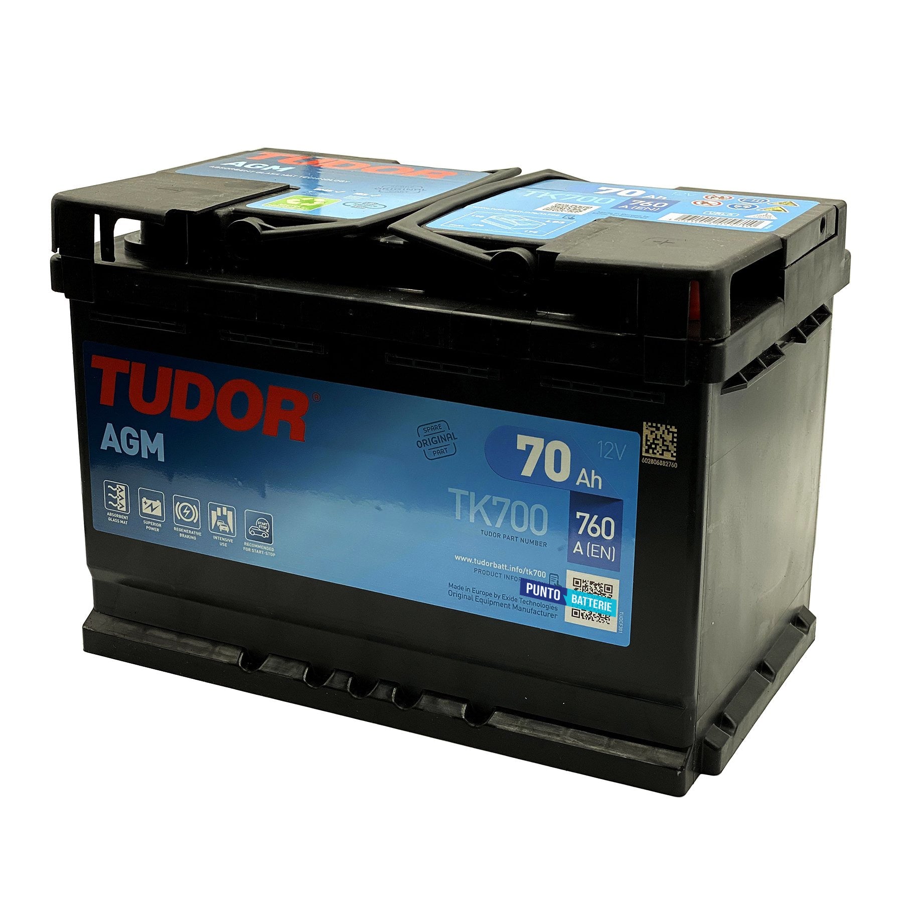 Batteria originale Tudor AGM TK700, dimensioni 278 x 175 x 190, polo positivo a destra, 12 volt, 70 amperora, 760 ampere, AGM. Batteria per auto e veicoli leggeri con start e stop.