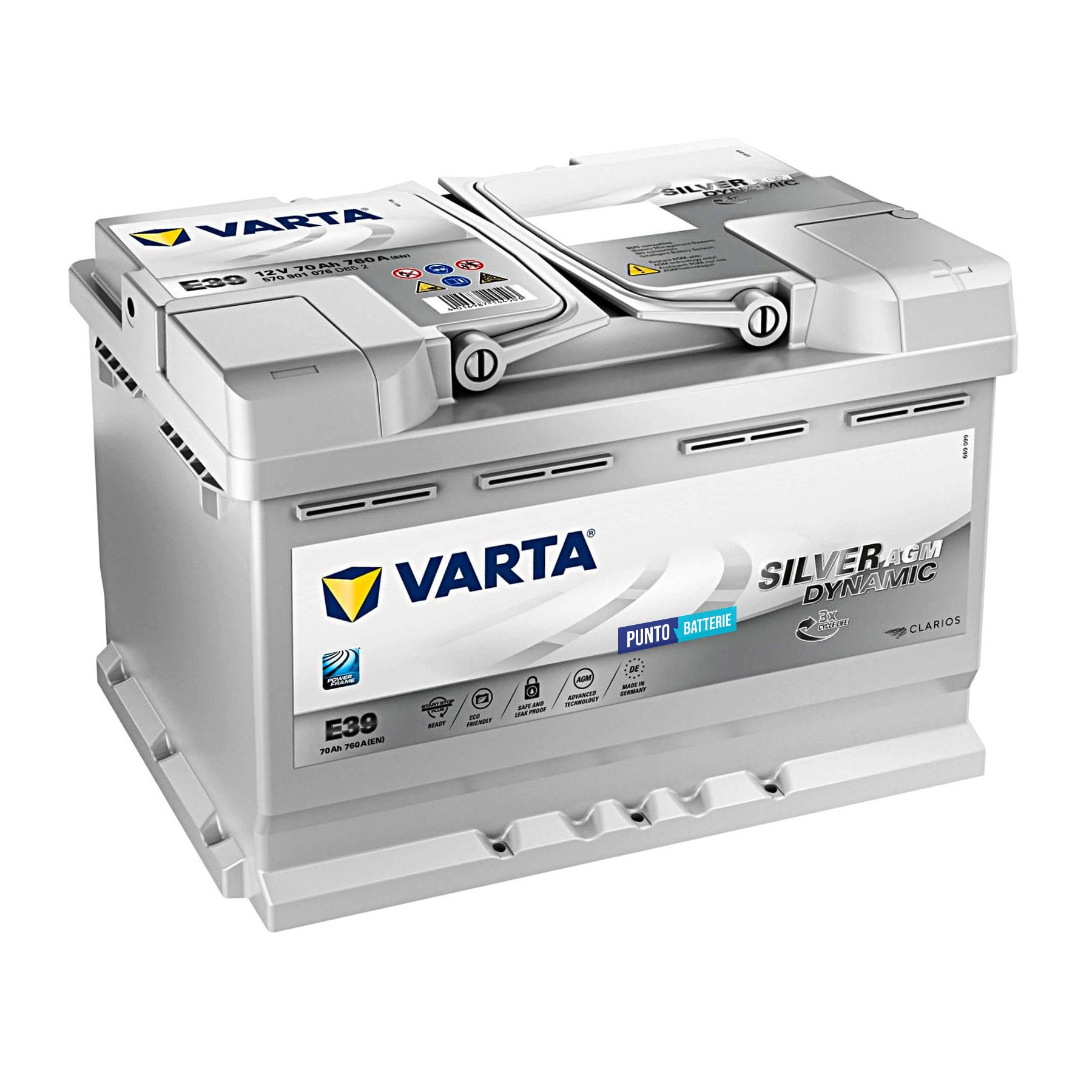 Batteria originale Varta Silver Dynamic AGM E39, dimensioni 278 x 175 x 190, polo positivo a destra, 12 volt, 70 amperora, 760 ampere, AGM. Batteria per auto e veicoli leggeri con start e stop.