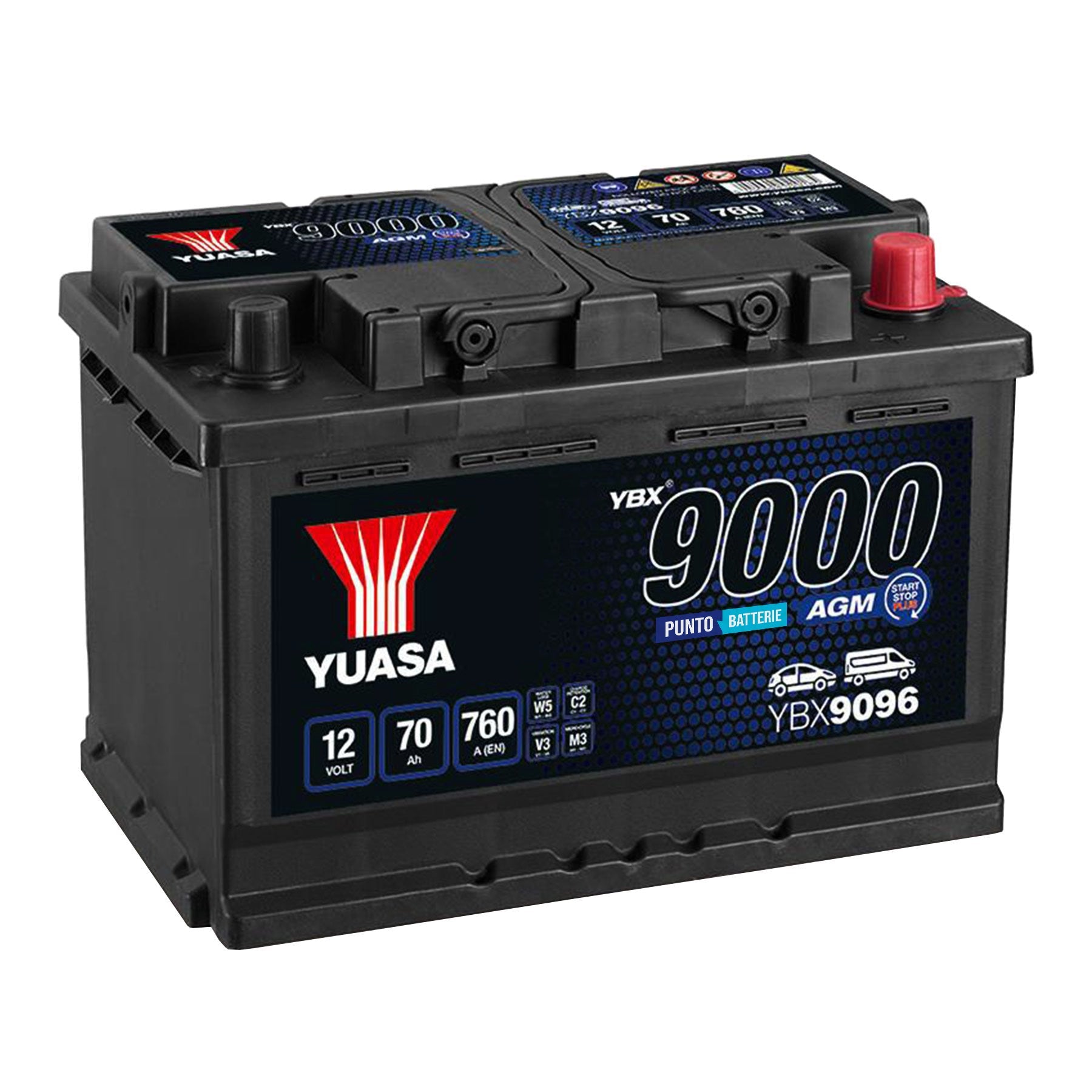 Batteria originale Yuasa YBX9000 YBX9096, dimensioni 278 x 175 x 190, polo positivo a destra, 12 volt, 70 amperora, 760 ampere, AGM. Batteria per auto e veicoli leggeri con start e stop.