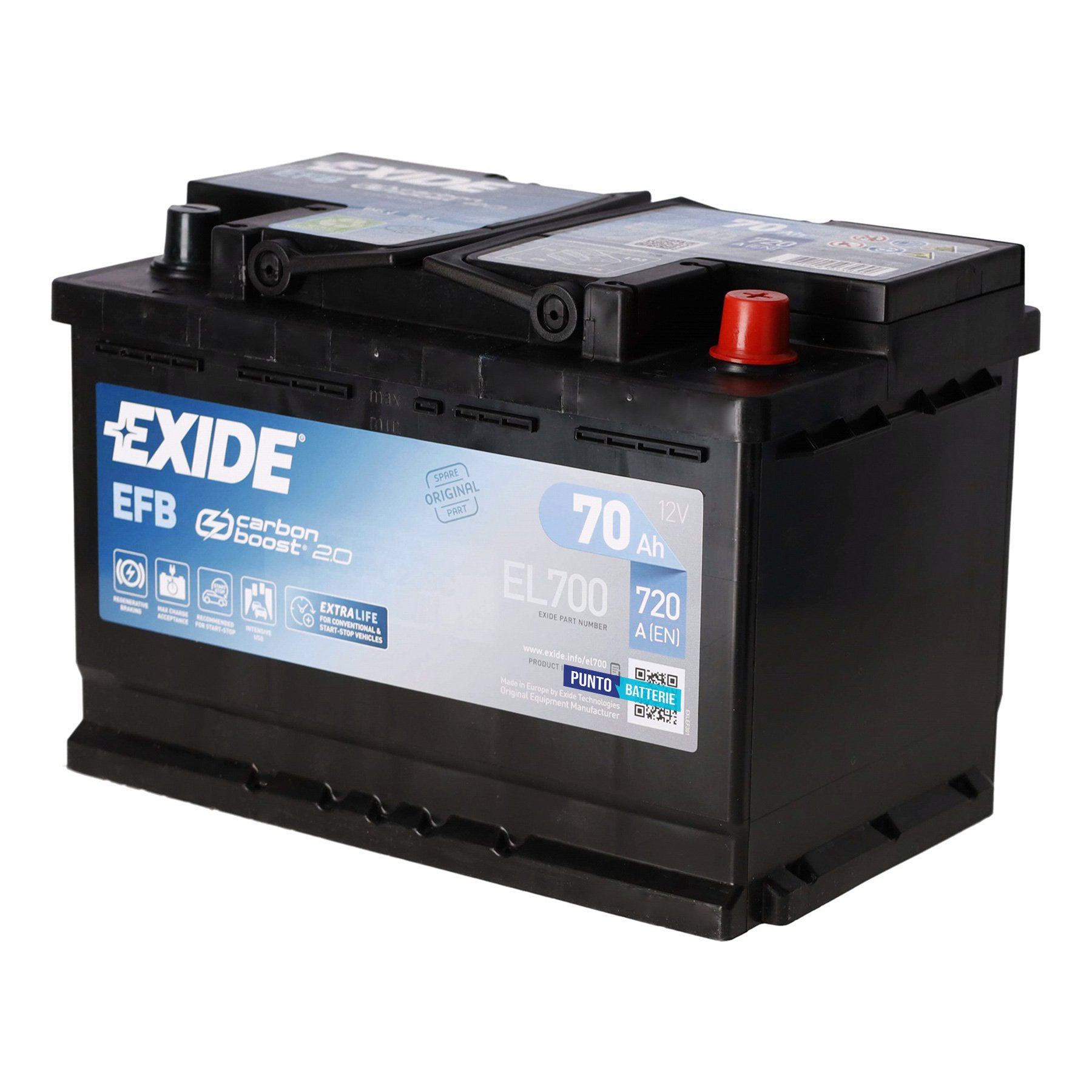 Batteria originale Exide EFB EL700, dimensioni 278 x 175 x 190, polo positivo a destra, 12 volt, 70 amperora, 760 ampere, EFB. Batteria per auto e veicoli leggeri con start e stop.