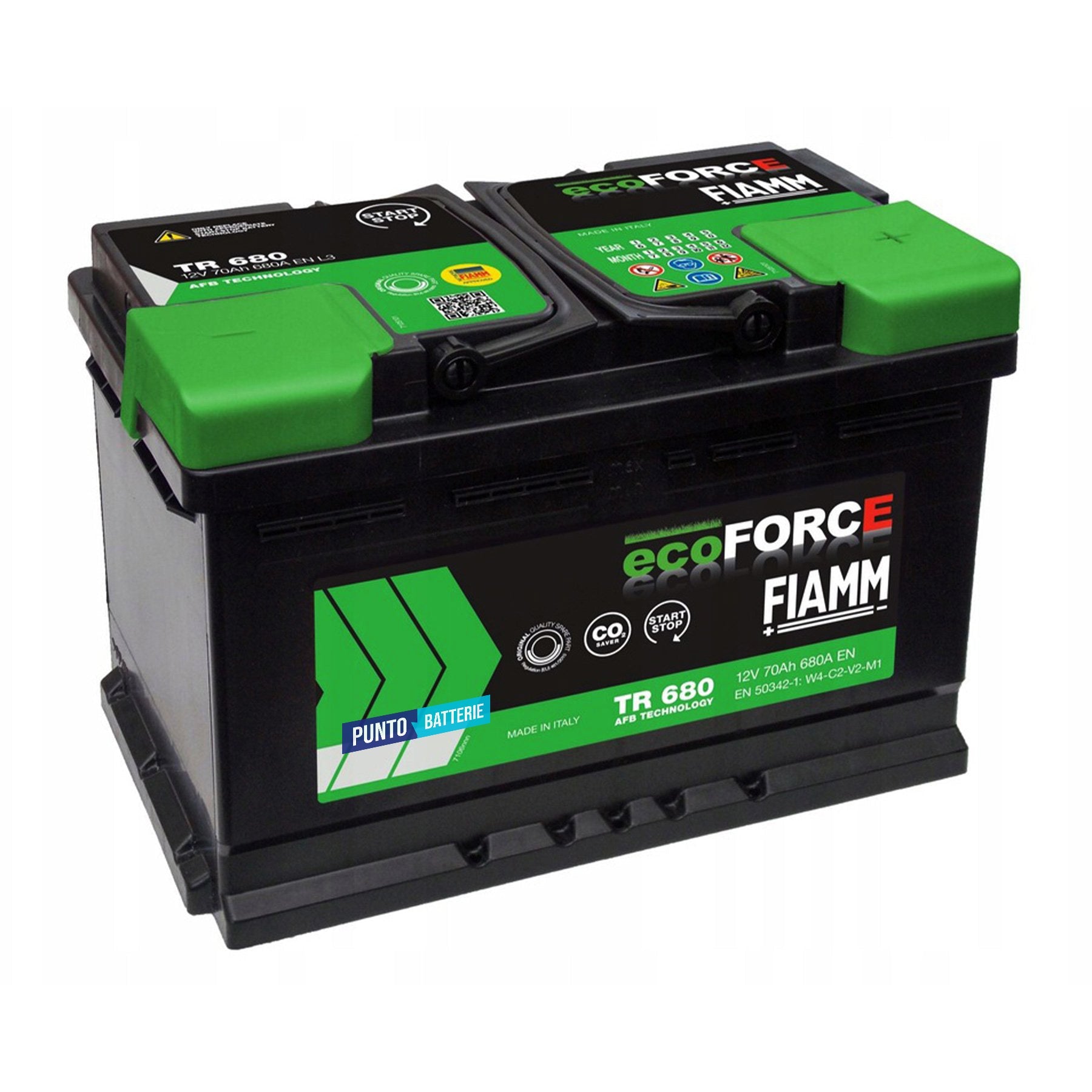 Batteria originale Fiamm EcoFORCE AFB TR 680, dimensioni 278 x 175 x 190, polo positivo a destra, 12 volt, 70 amperora, 680 ampere, EFB. Batteria per auto e veicoli leggeri con start e stop.