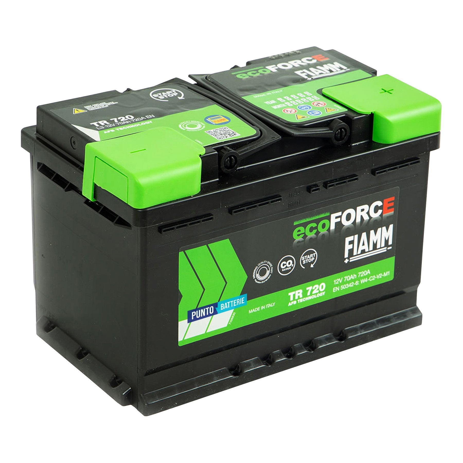 Batteria originale Fiamm EcoFORCE AFB TR 720, dimensioni 278 x 175 x 190, polo positivo a destra, 12 volt, 70 amperora, 720 ampere, EFB. Batteria per auto e veicoli leggeri con start e stop.