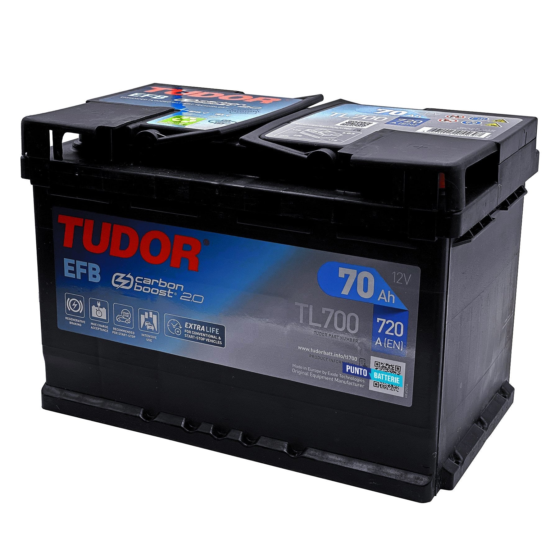 Batteria originale Tudor EFB TL700, dimensioni 278 x 175 x 190, polo positivo a destra, 12 volt, 70 amperora, 760 ampere, EFB. Batteria per auto e veicoli leggeri con start e stop.