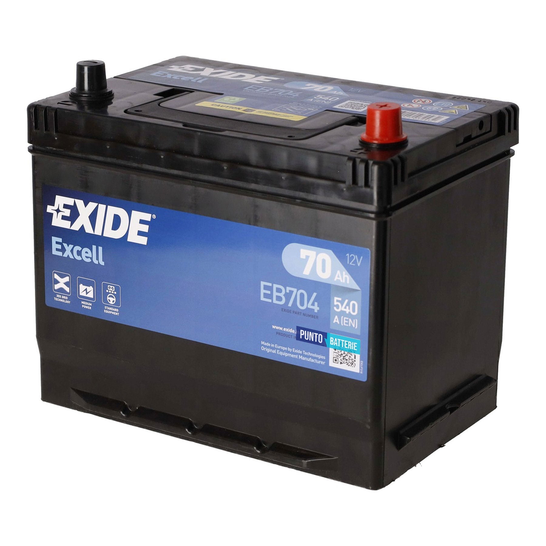 Batteria originale Exide Excell EB704, dimensioni 270 x 173 x 222, polo positivo a destra, 12 volt, 70 amperora, 540 ampere. Batteria per auto e veicoli leggeri.