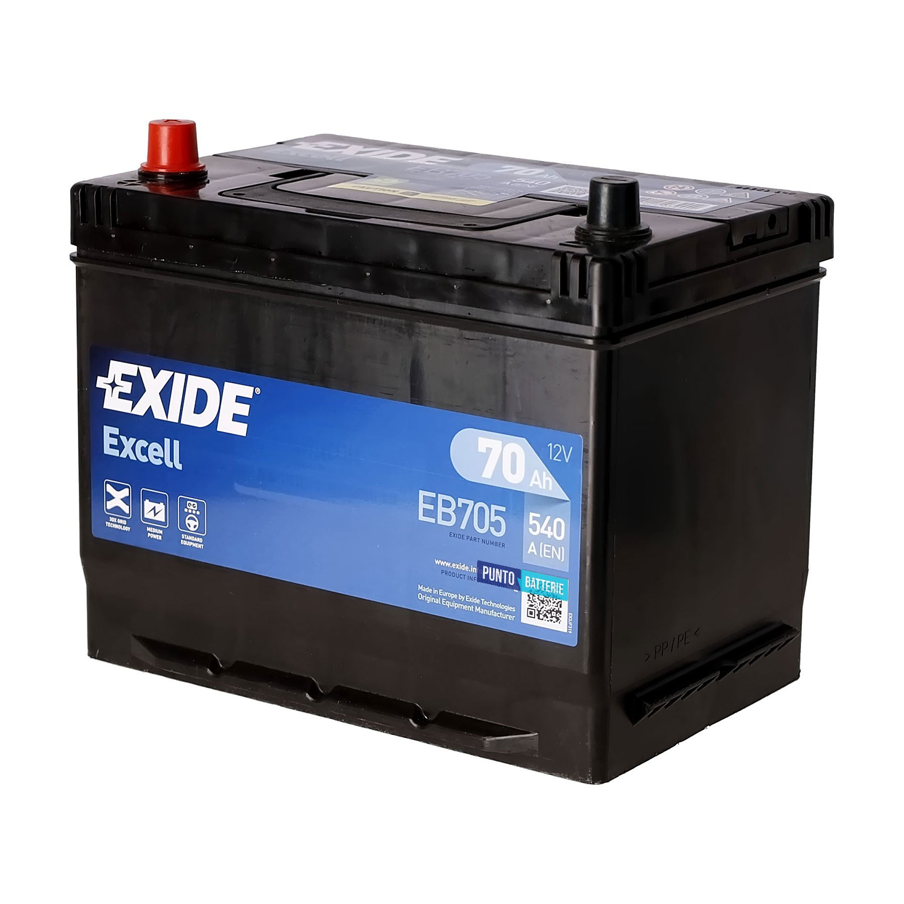 Batteria originale Exide Excell EB705, dimensioni 270 x 173 x 222, polo positivo a sinistra, 12 volt, 70 amperora, 540 ampere. Batteria per auto e veicoli leggeri.