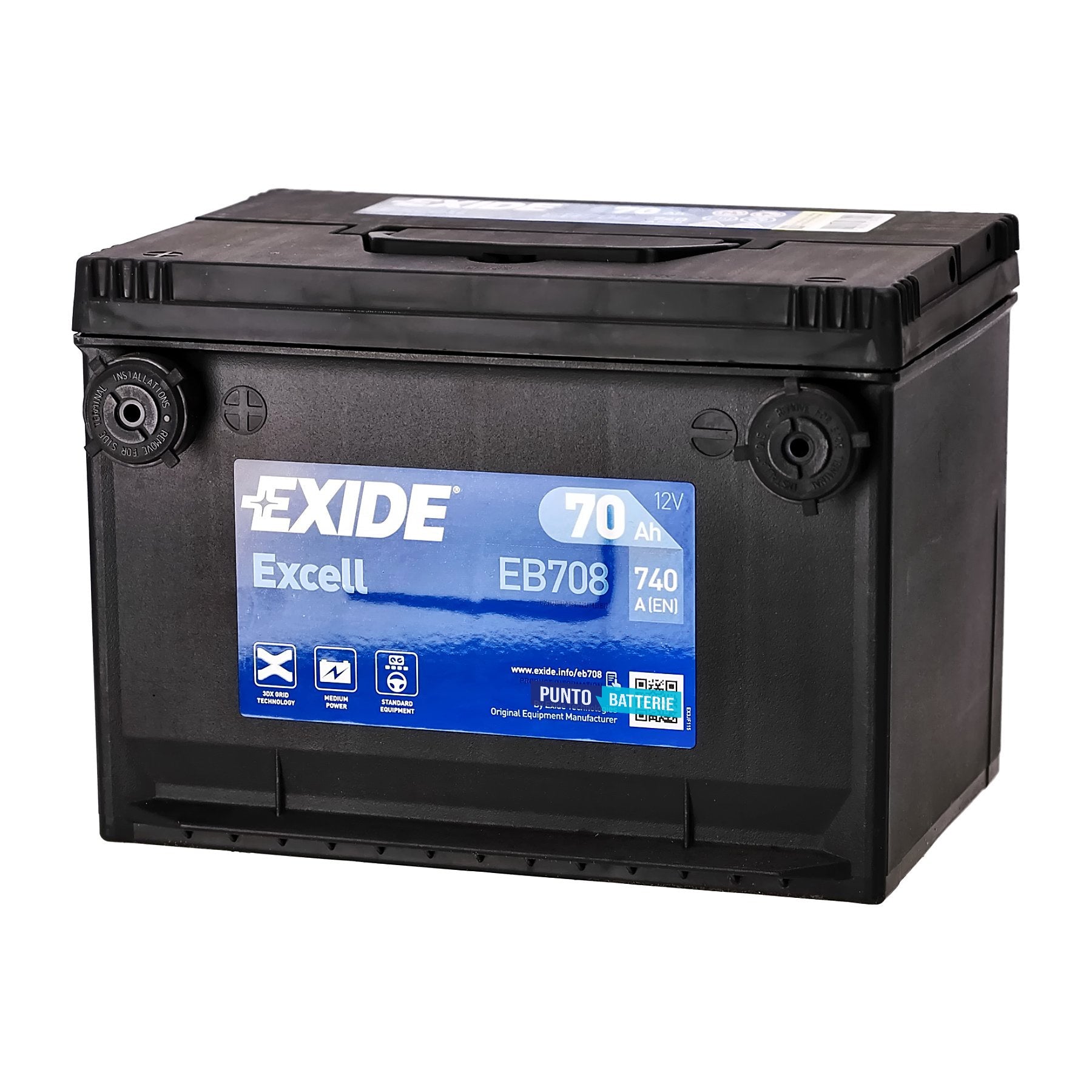 Batteria originale Exide Excell EB708, dimensioni 260 x 180 x 186, polo positivo a sinistra, 12 volt, 70 amperora, 740 ampere. Batteria per auto e veicoli leggeri.