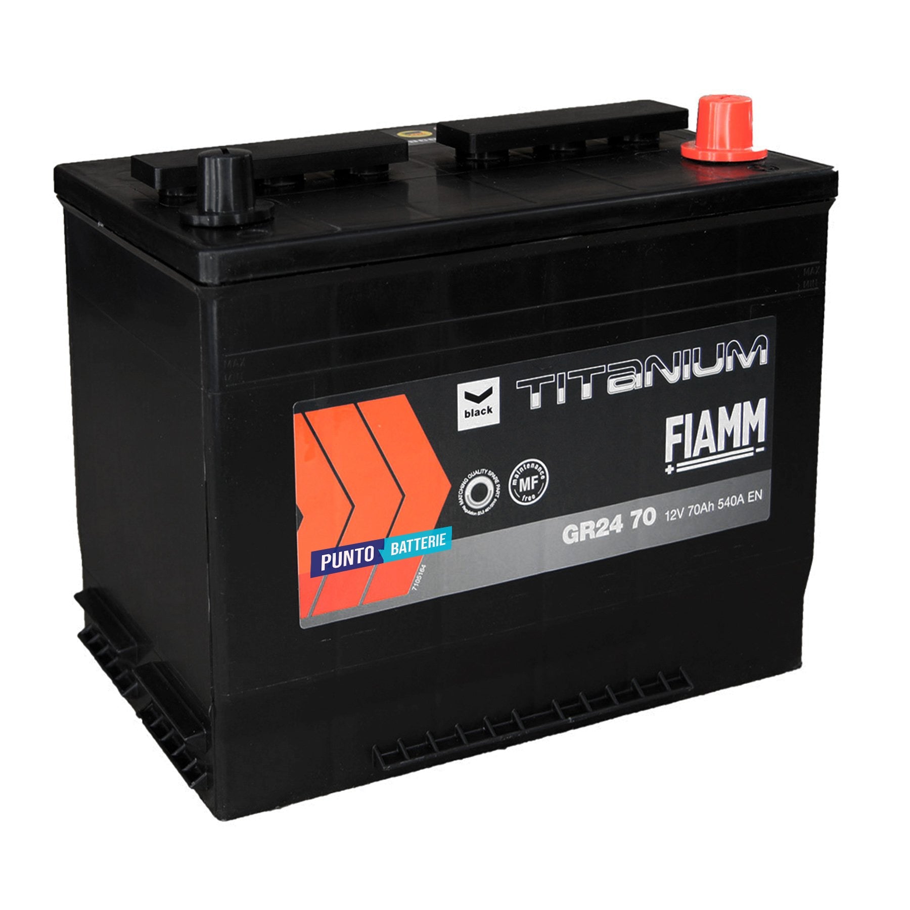 Batteria originale Fiamm Black Titanium GR24 70, dimensioni 270 x 175 x 225, polo positivo a destra, 12 volt, 70 amperora, 540 ampere. Batteria per auto e veicoli leggeri.