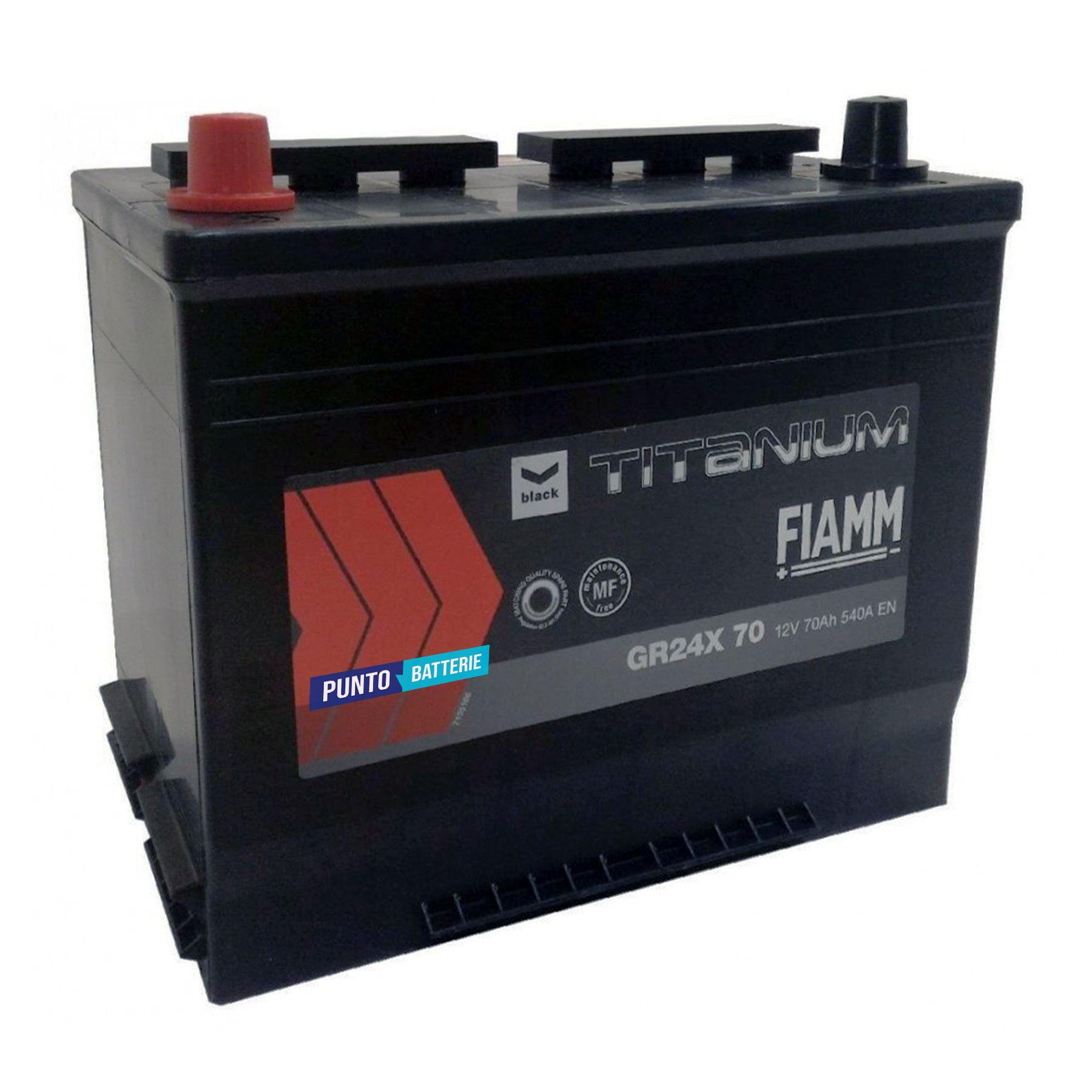 Batteria originale Fiamm Black Titanium GR24X 70, dimensioni 270 x 175 x 225, polo positivo a sinistra, 12 volt, 70 amperora, 540 ampere. Batteria per auto e veicoli leggeri.