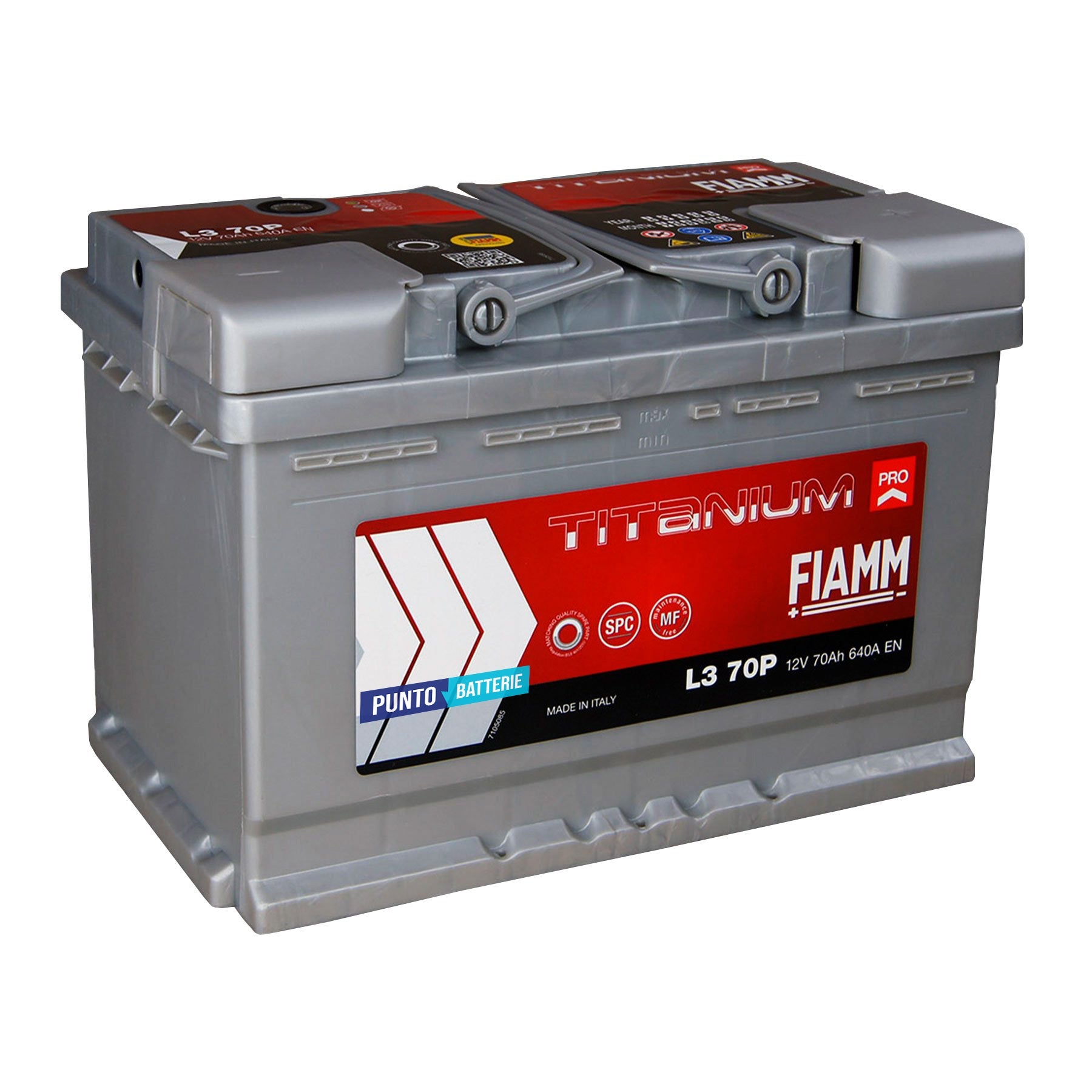 Batteria originale Fiamm Titanium PRO L3 70P, dimensioni 278 x 175 x 190, polo positivo a destra, 12 volt, 70 amperora, 640 ampere. Batteria per auto e veicoli leggeri.