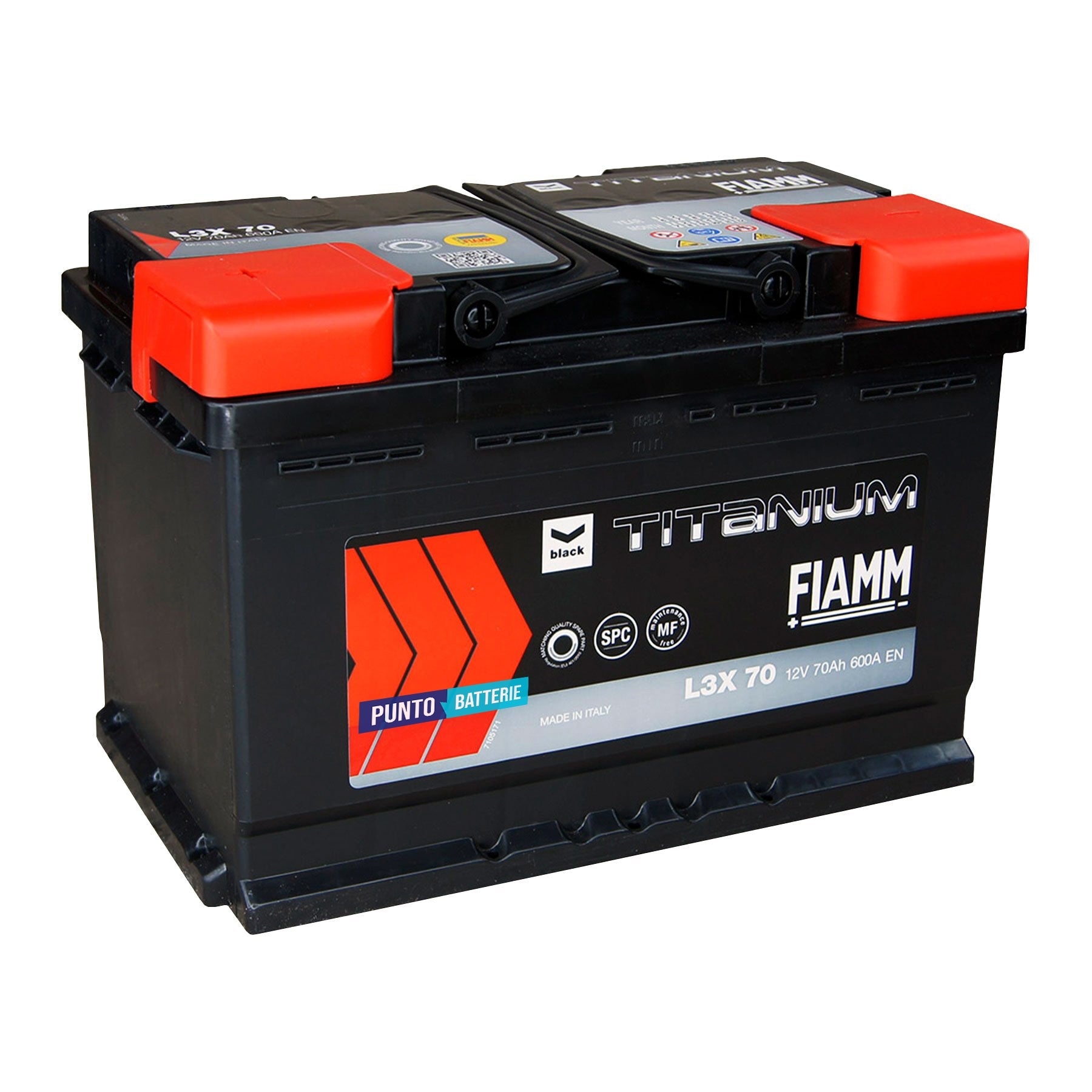 Batteria originale Fiamm Black Titanium L3X 70, dimensioni 278 x 175 x 190, polo positivo a sinistra, 12 volt, 70 amperora, 600 ampere. Batteria per auto e veicoli leggeri.