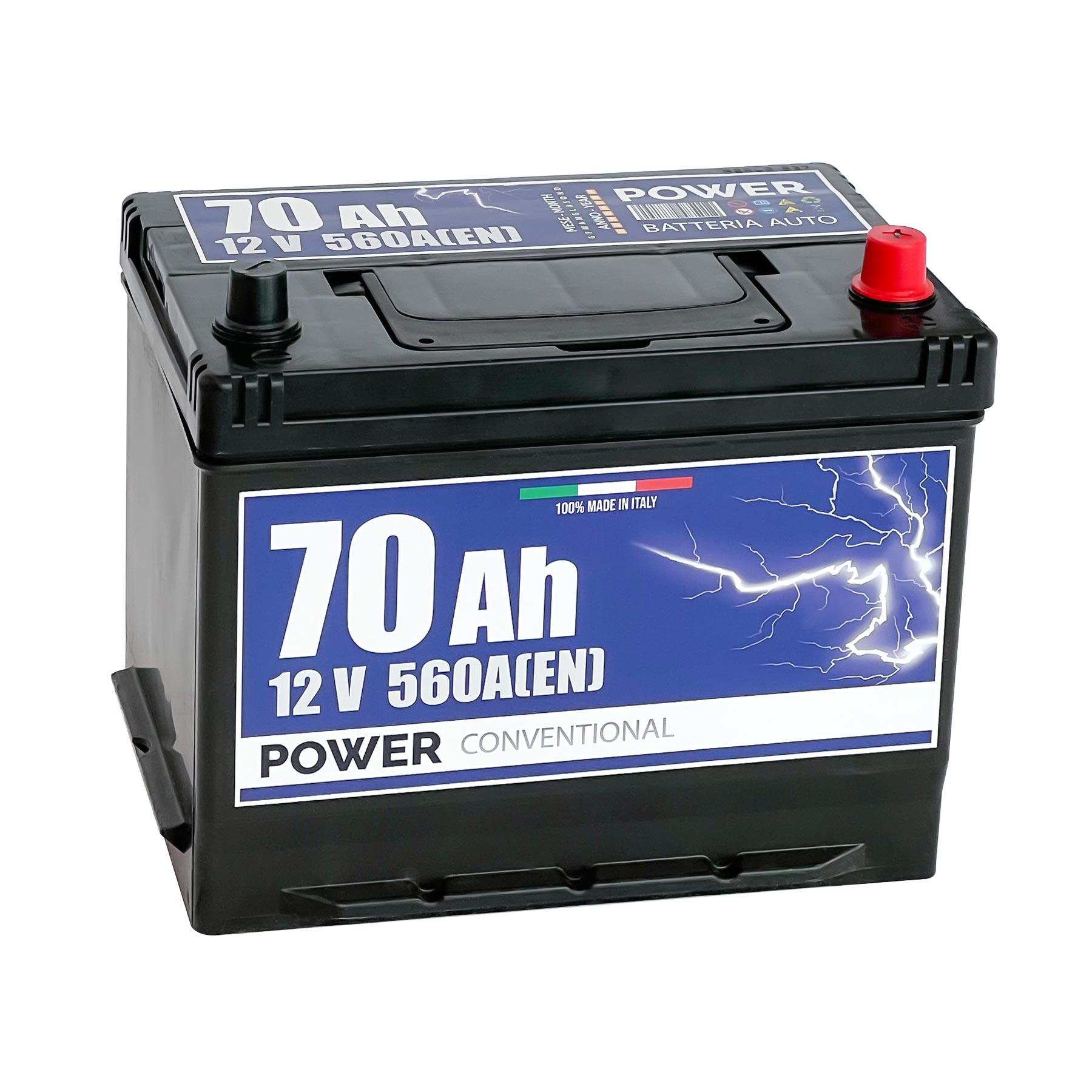 Batteria originale Power Conventional PB704, dimensioni 270 x 170 x 222, polo positivo a destra, 12 volt, 70 amperora, 560 ampere. Batteria per auto e veicoli leggeri.