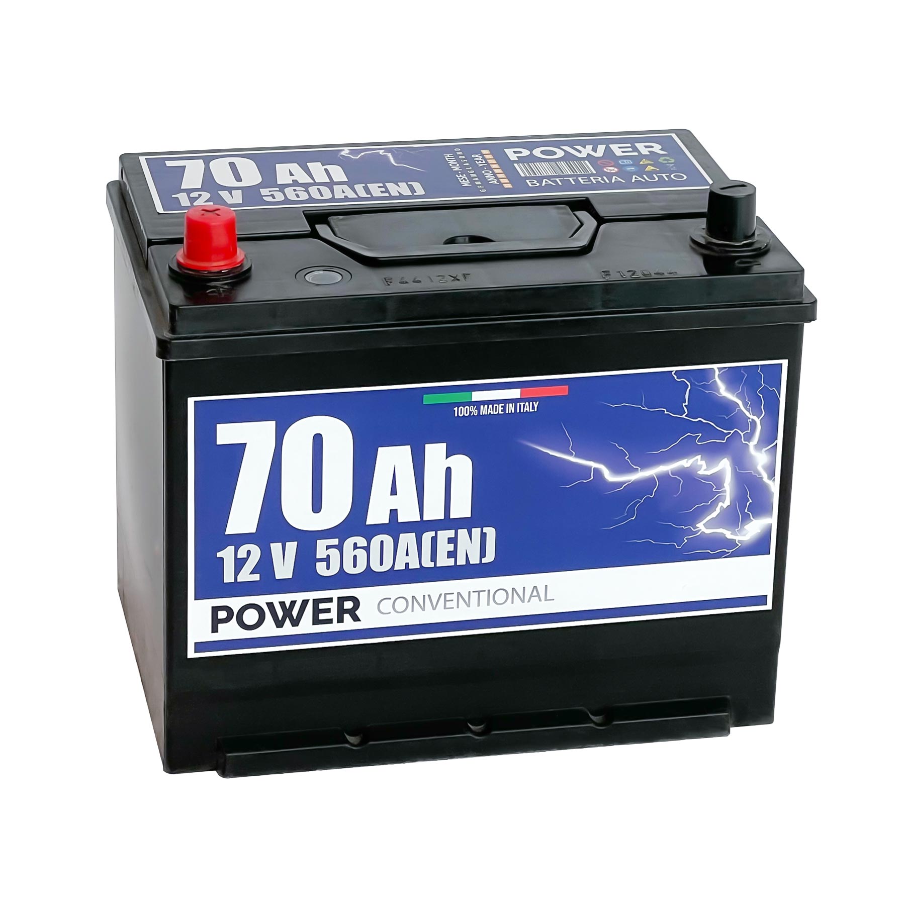 Batteria originale Power Conventional PB705, dimensioni 270 x 173 x 222, polo positivo a sinistra, 12 volt, 70 amperora, 560 ampere. Batteria per auto e veicoli leggeri.