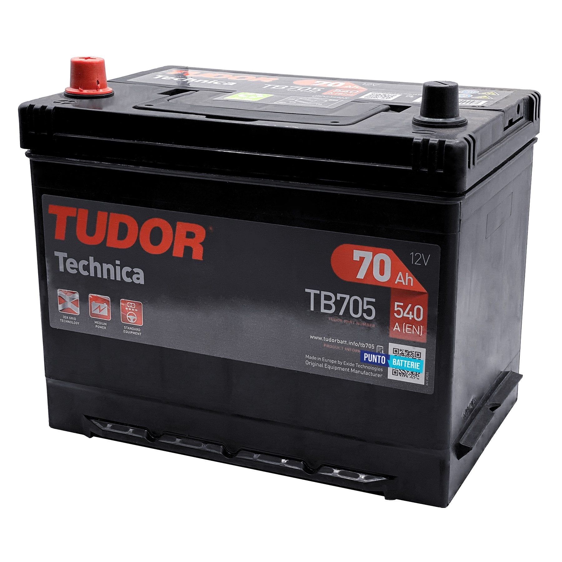 Batteria originale Tudor Technica TB705, dimensioni 270 x 173 x 222, polo positivo a sinistra, 12 volt, 70 amperora, 540 ampere. Batteria per auto e veicoli leggeri.