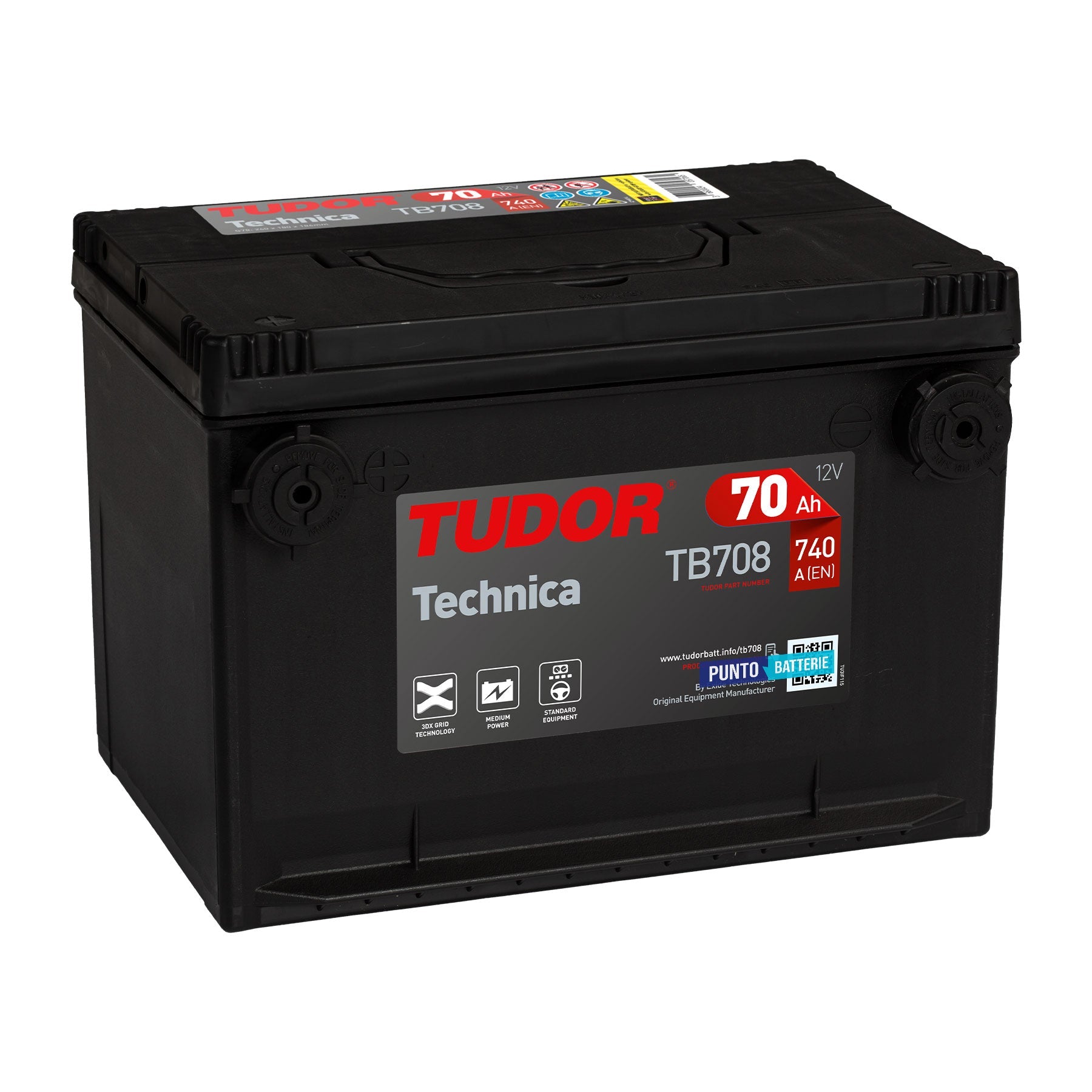 Batteria originale Tudor Technica TB708, dimensioni 260 x 180 x 186, polo positivo a sinistra, 12 volt, 70 amperora, 740 ampere. Batteria per auto e veicoli leggeri.