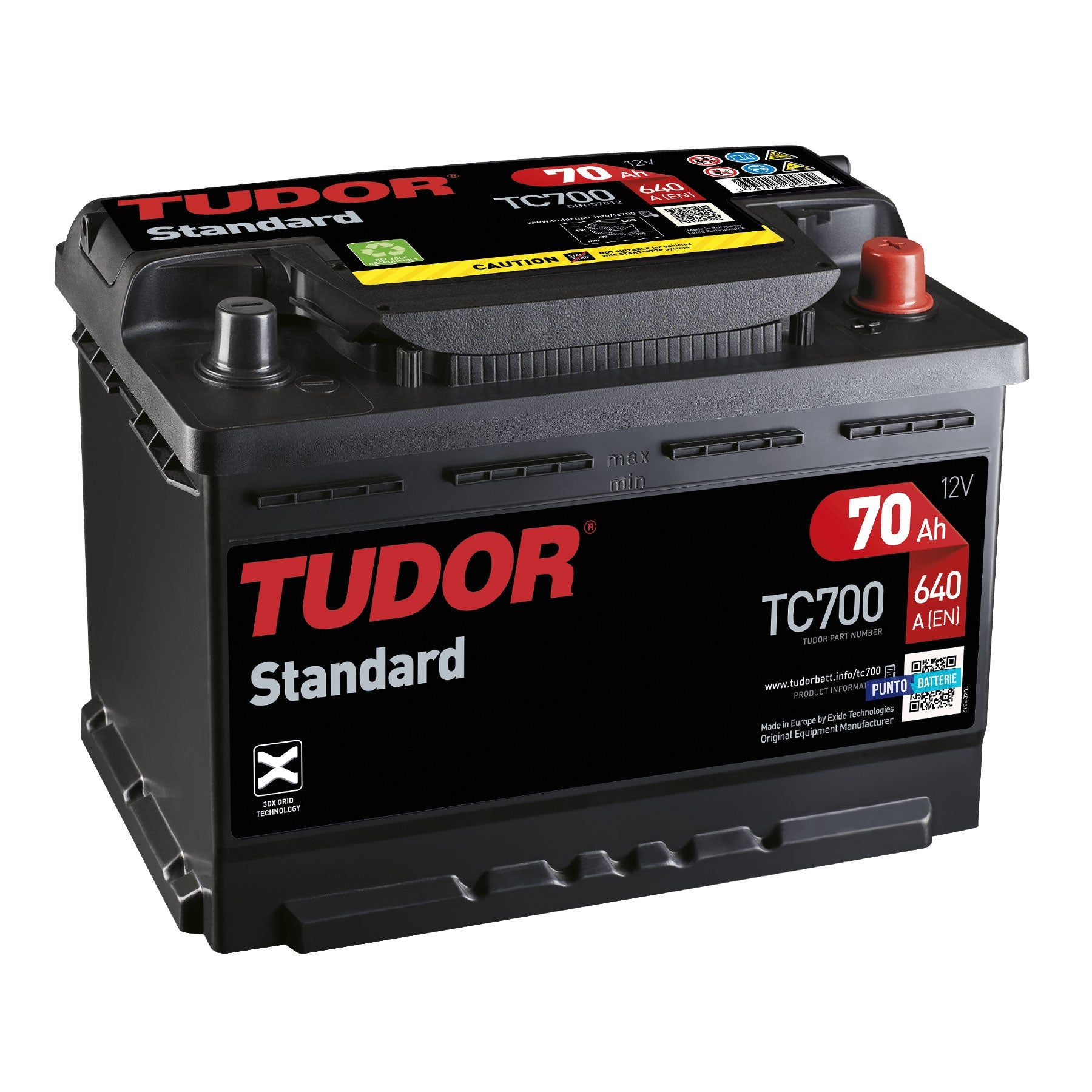 Batteria originale Tudor Standard TC700, dimensioni 278 x 175 x 190, polo positivo a destra, 12 volt, 70 amperora, 640 ampere. Batteria per auto e veicoli leggeri.