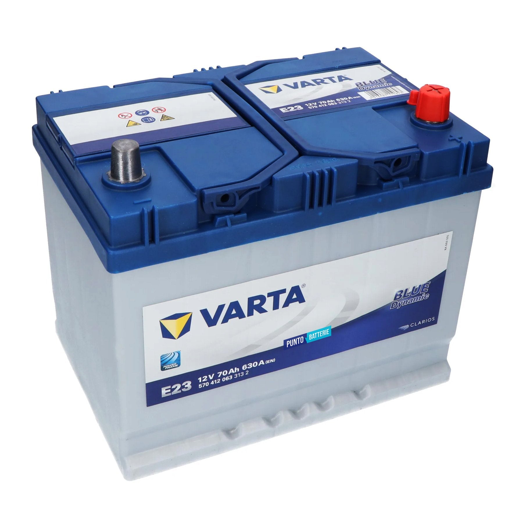 Batteria originale Varta Blue Dynamic E23, dimensioni 261 x 175 x 220, polo positivo a destra, 12 volt, 70 amperora, 630 ampere. Batteria per auto e veicoli leggeri.