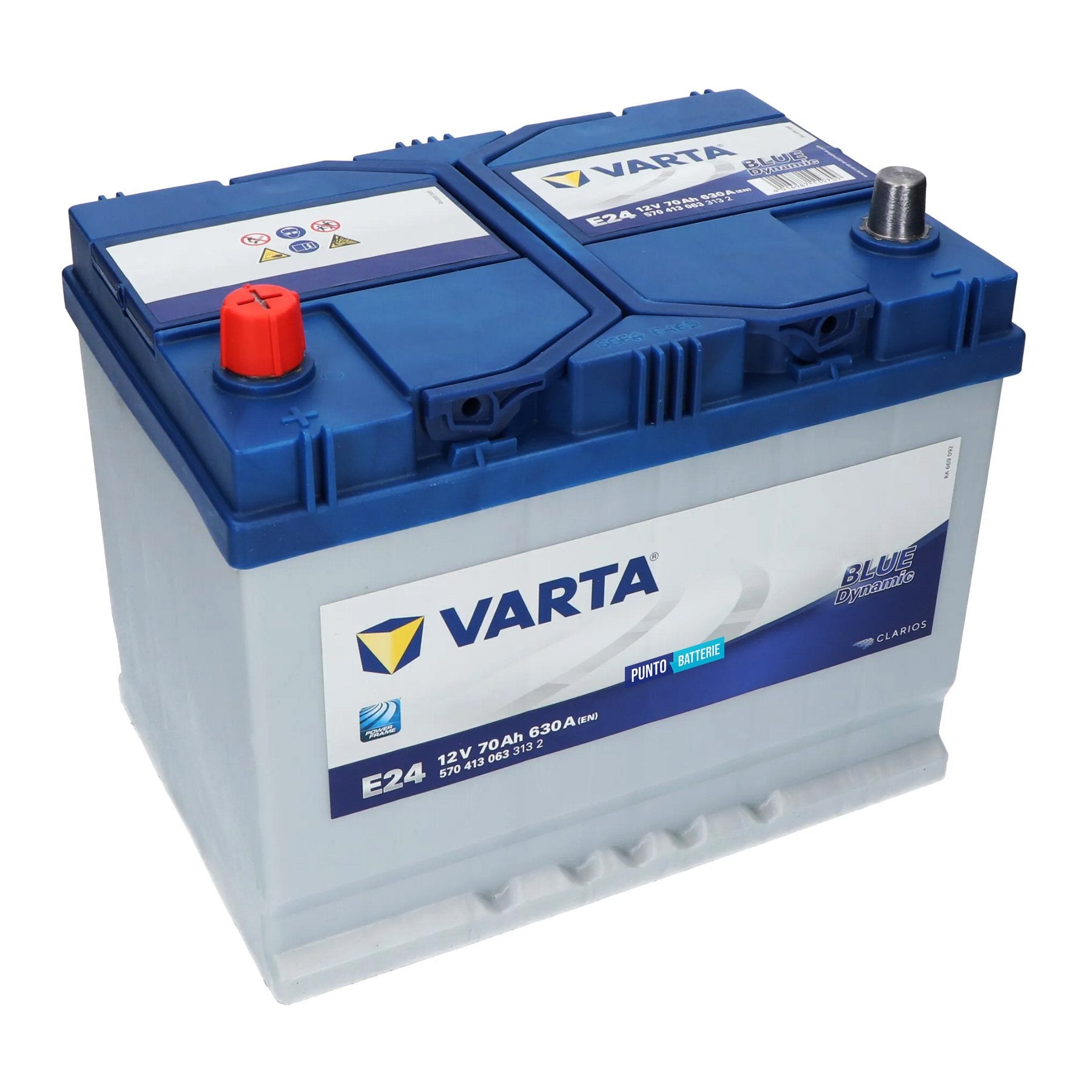 Batteria originale Varta Blue Dynamic E24, dimensioni 261 x 175 x 220, polo positivo a sinistra, 12 volt, 70 amperora, 630 ampere. Batteria per auto e veicoli leggeri.