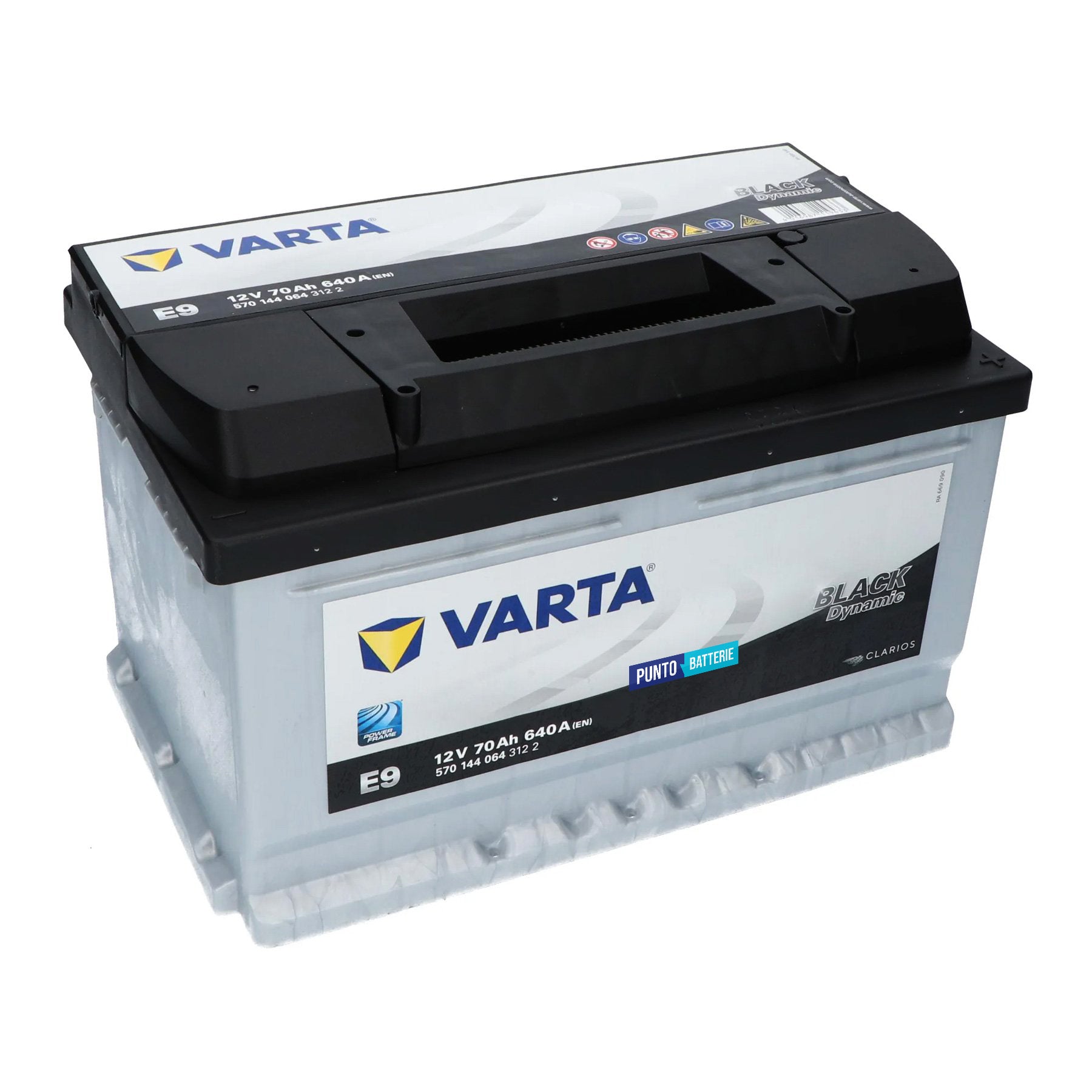 Batteria originale Varta Black Dynamic E9, dimensioni 278 x 175 x 175, polo positivo a destra, 12 volt, 70 amperora, 640 ampere. Batteria per auto e veicoli leggeri.