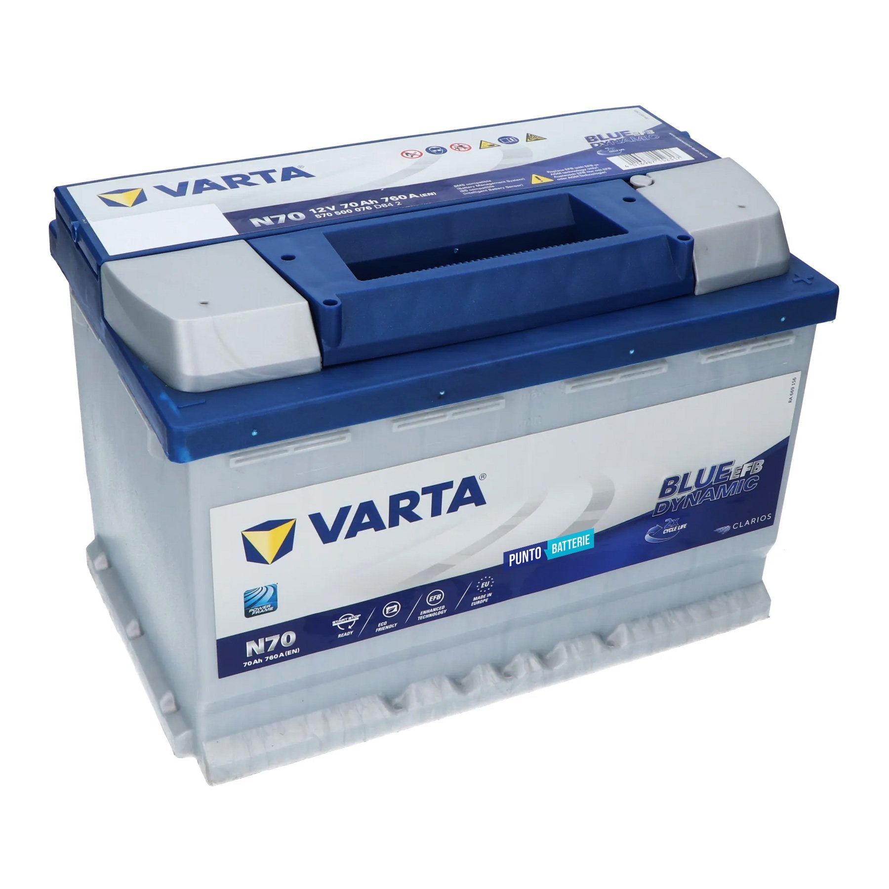 Batteria originale Varta Blue Dynamic EFB N70, dimensioni 278 x 175 x 190, polo positivo a destra, 12 volt, 70 amperora, 760 ampere, EFB. Batteria per auto e veicoli leggeri con start e stop.