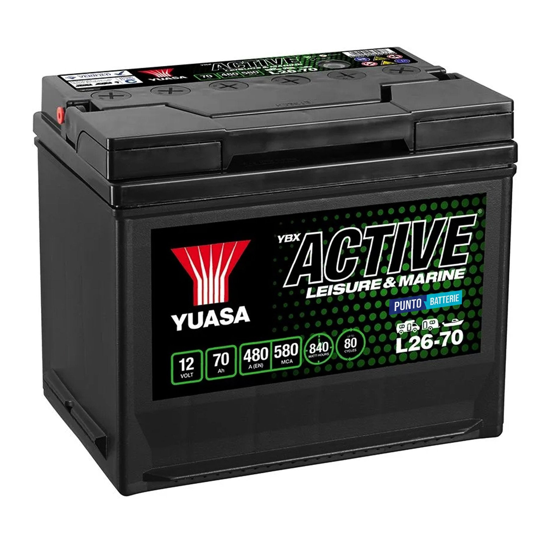 Batteria originale Yuasa YBX ACTIVE Leisure e Marine L26-70, dimensioni 269 x 174 x 225, 12 volt, 70 amperora. Batteria per servizi di camper, barca e applicazioni a scarica lenta.